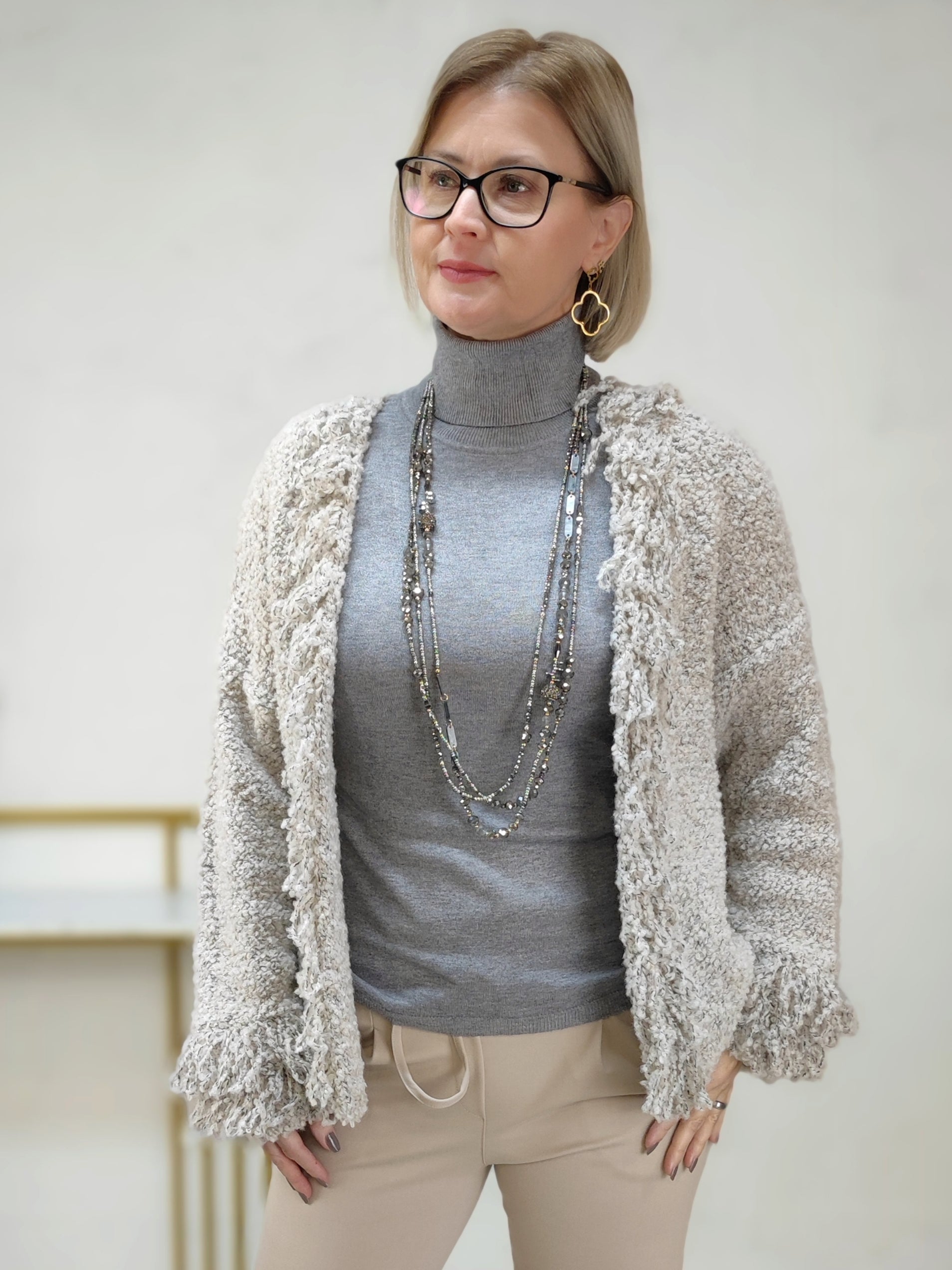 Fransen Strickjacke "Lina" in hellgrau meliert (36-42/44)