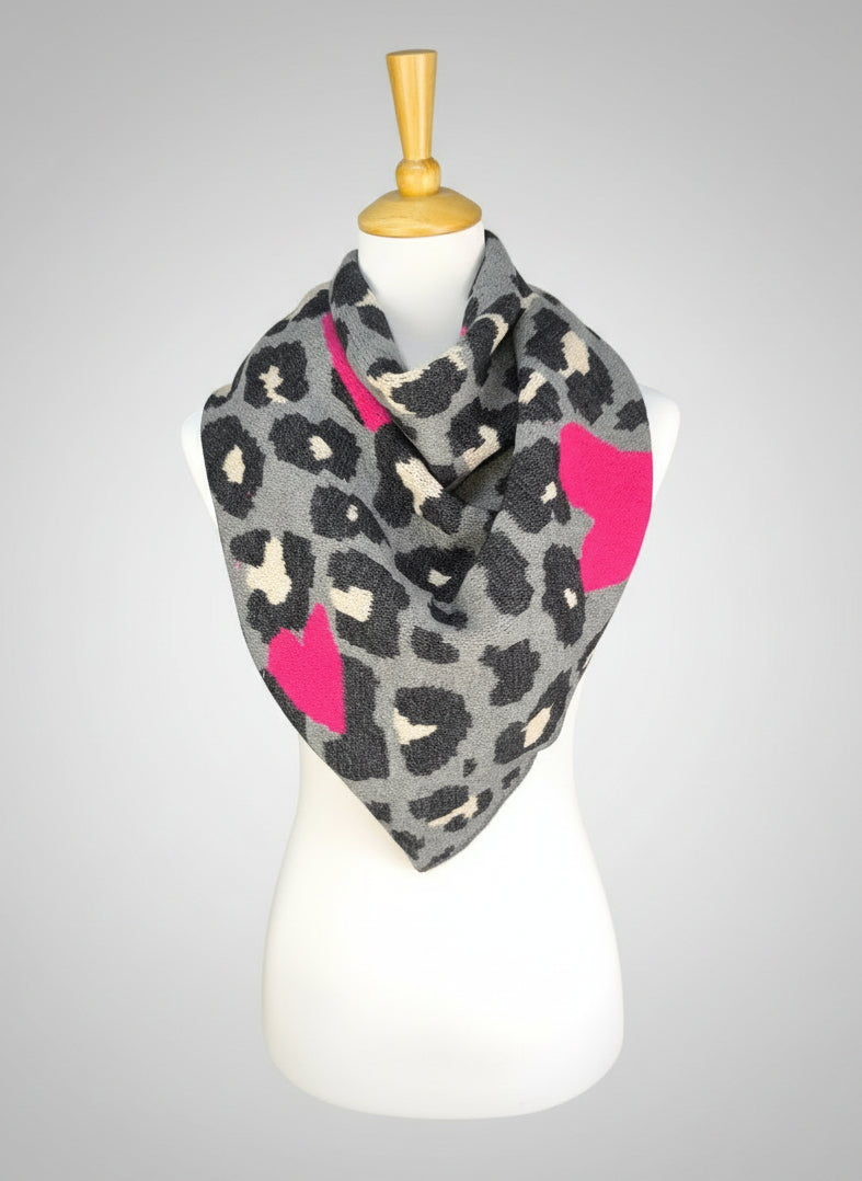 Wollschal/Dreieckschal "Heart" grau/pink