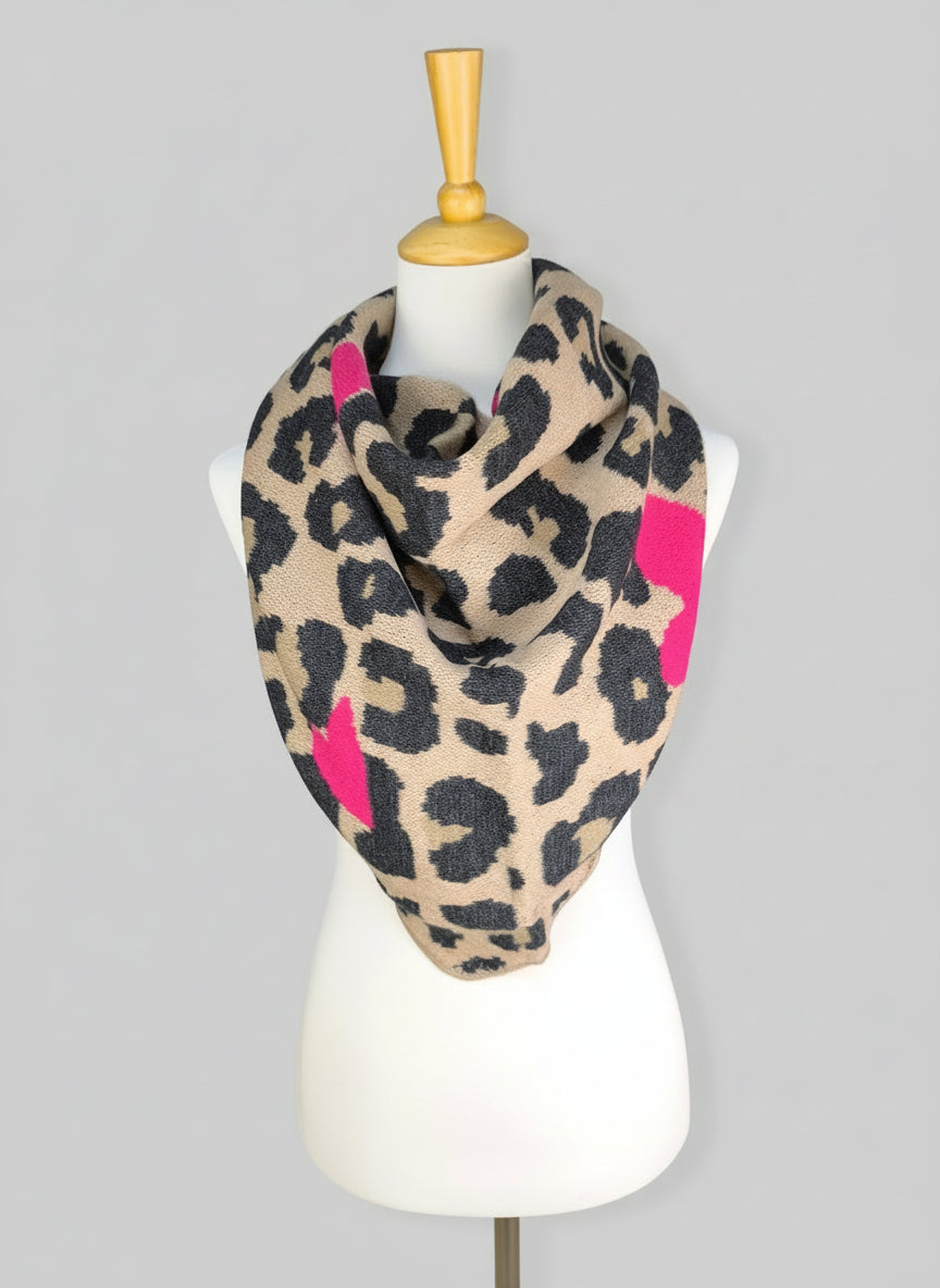 Wollschal/Dreieckschal "Heart" light camel/pink