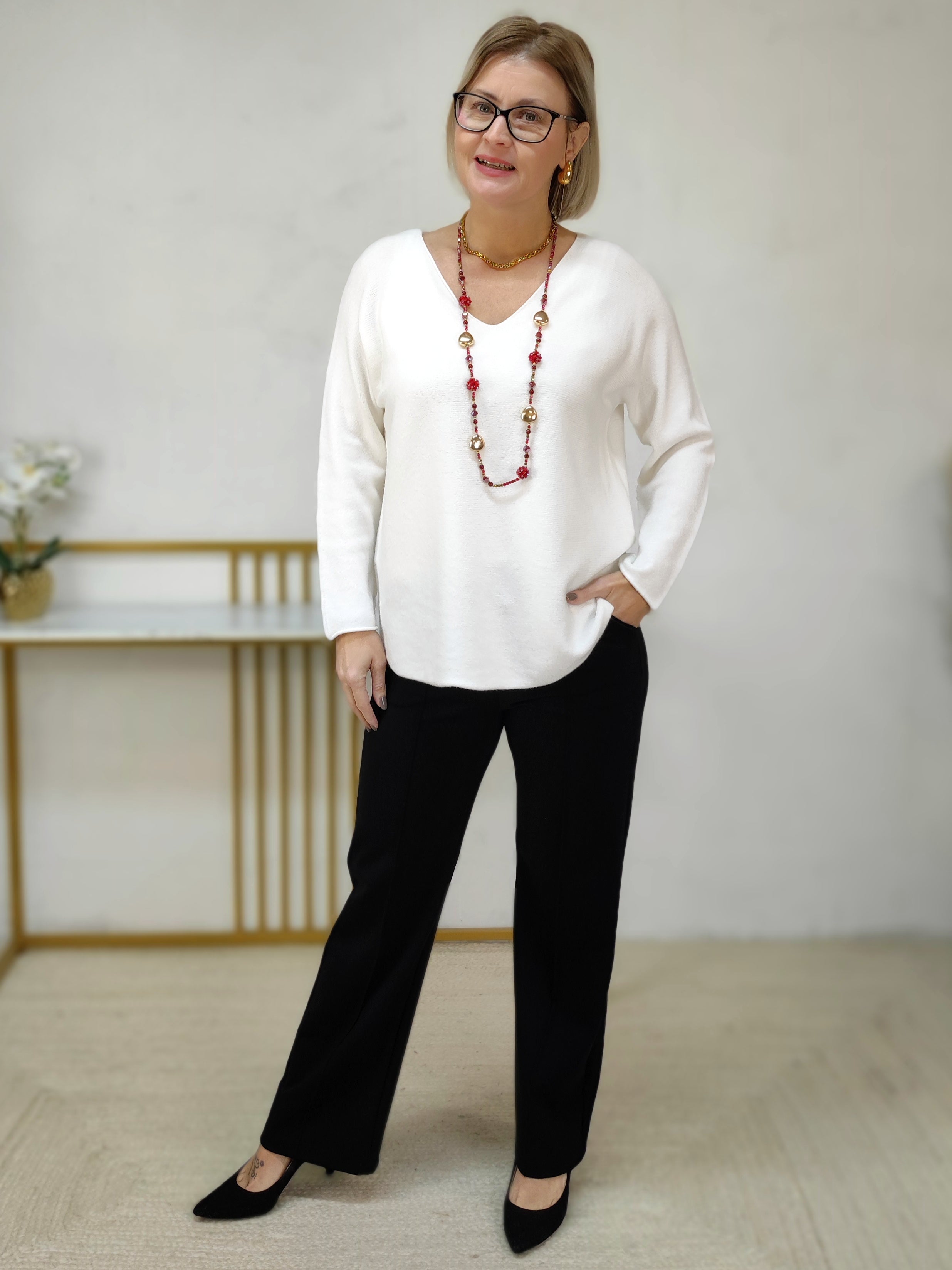 Feinstrick Pullover unifarben weiss in 2 Größen (36-40, 42-46)