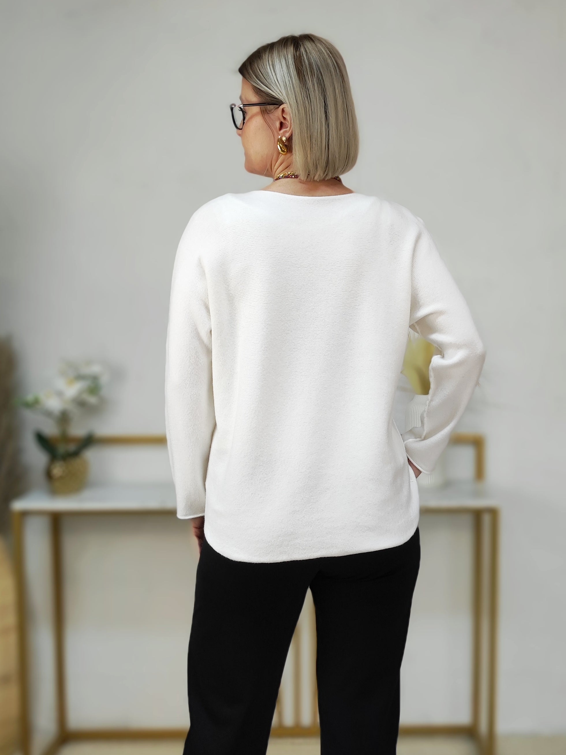 Feinstrick Pullover unifarben weiss in 2 Größen (36-40, 42-46)