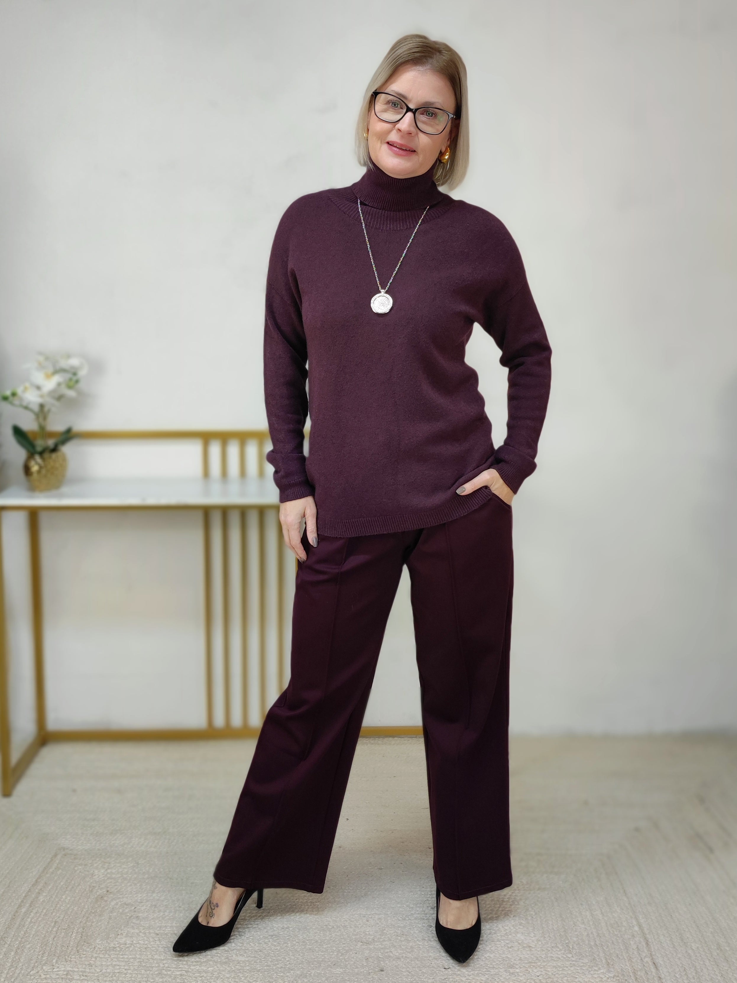 Pullover unifarben mit Rollkragen aubergine (36-40/42)