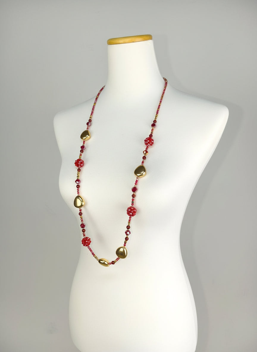Lange Perlenkette rot/gold