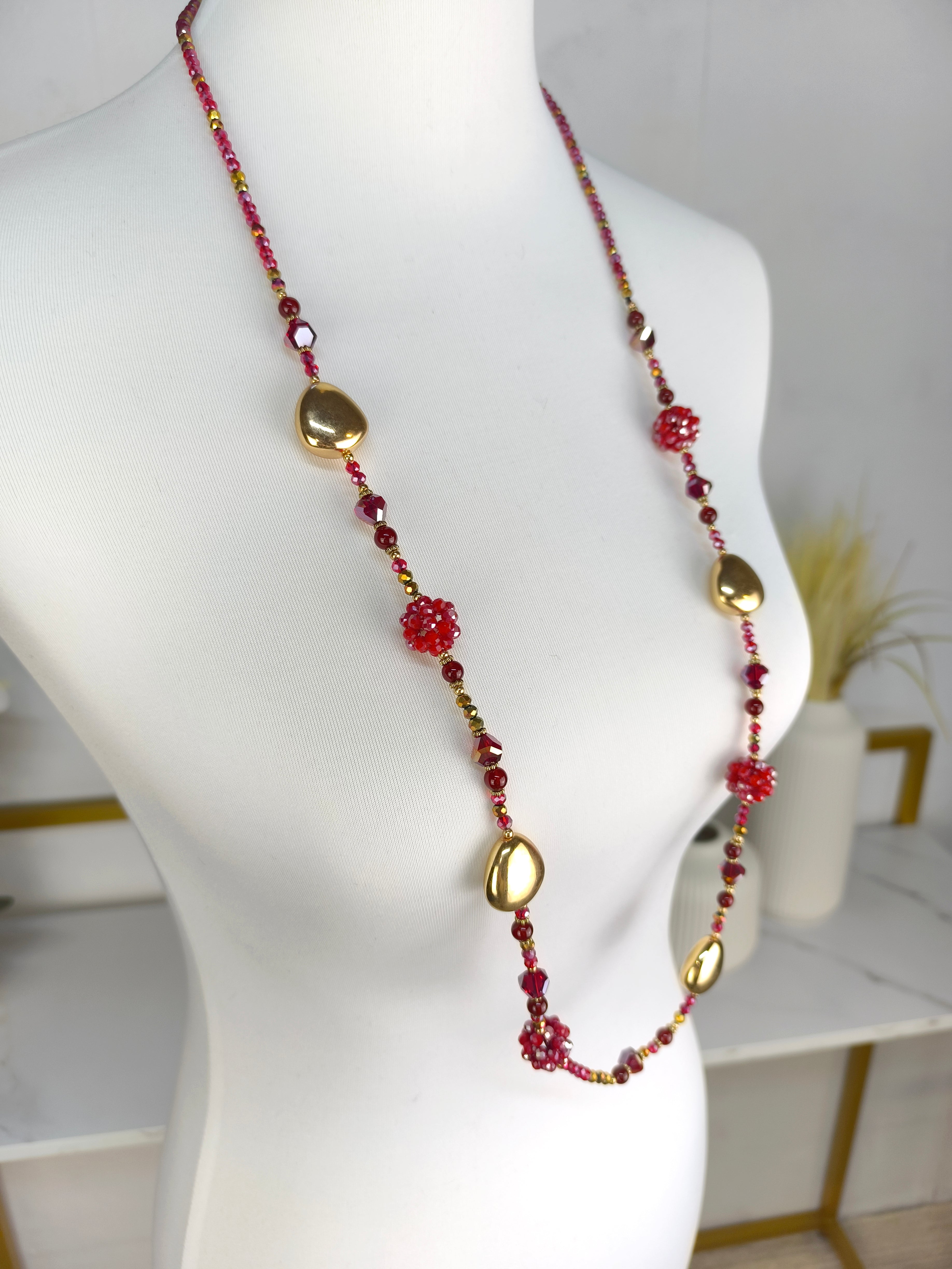 Lange Perlenkette rot/gold