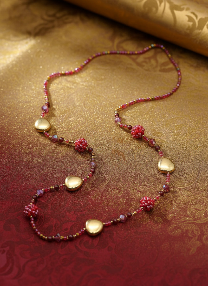 Lange Perlenkette rot/gold