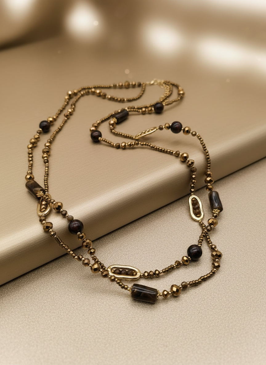 Lange Modeschmuck Perlenkette 2-reihig braun/kupfer/gold