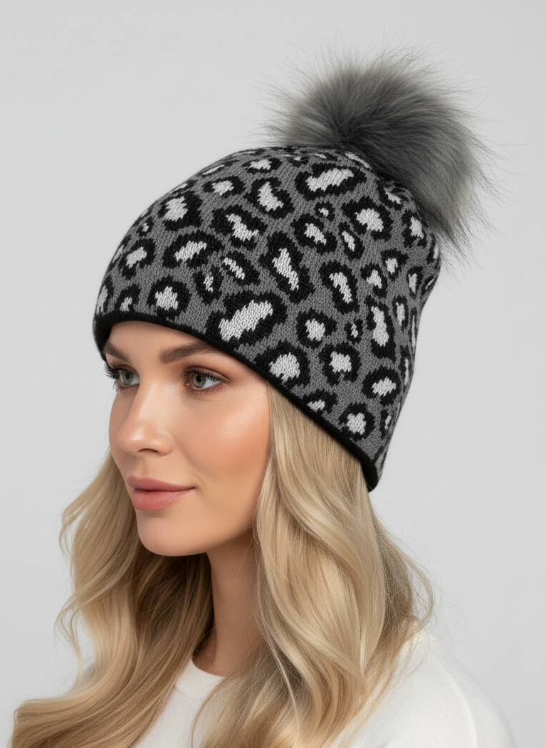 Wintermütze mit Bommel im Leo Design grau/schwarz