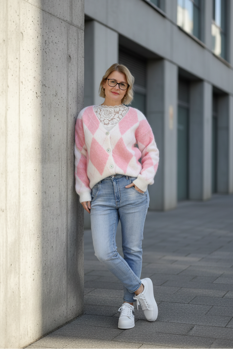 Kuschelige Strickjacke mit Rautenmuster rosa/wollweiß (36-42)