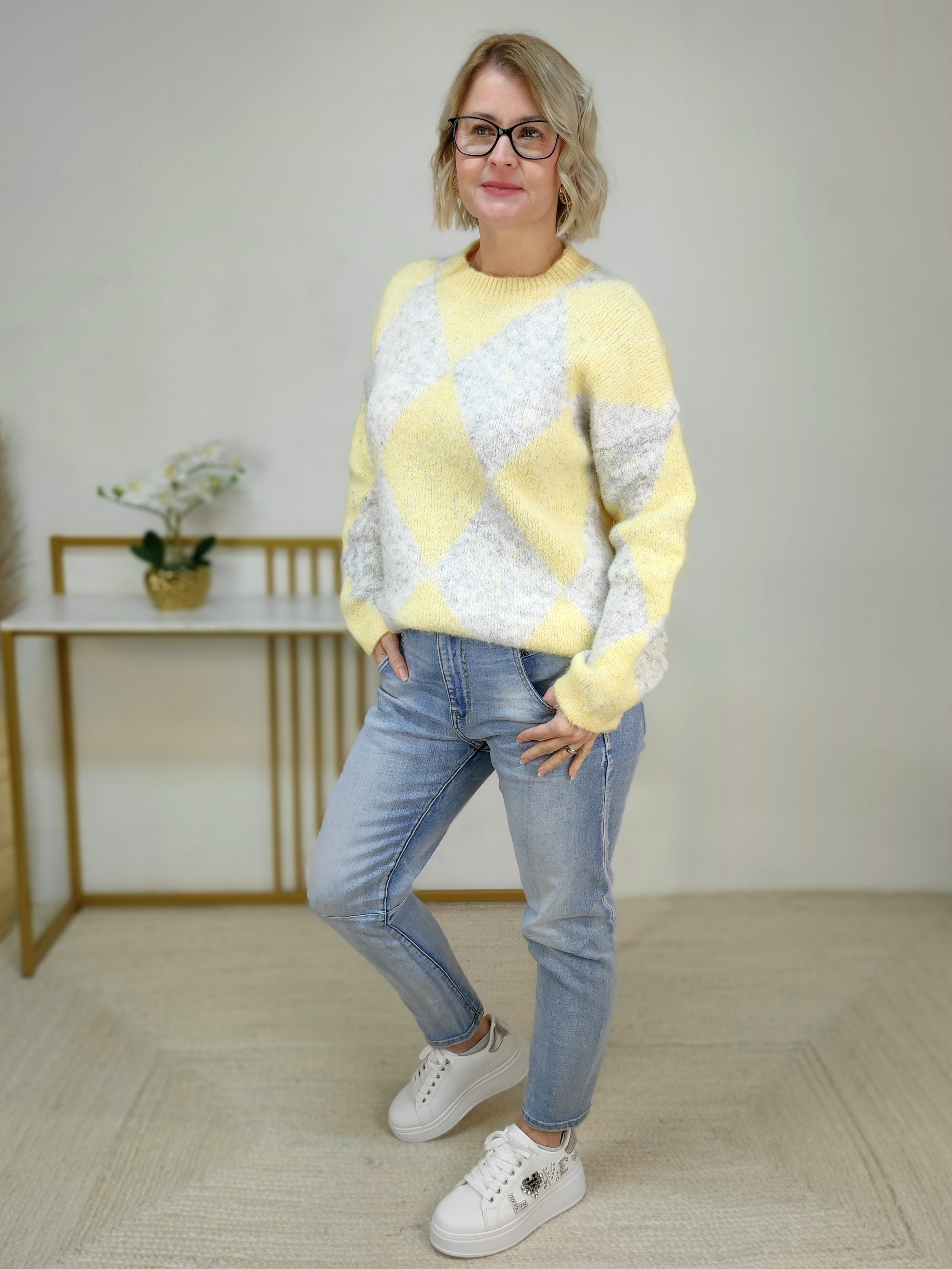 Pullover "Raute" gelb/grau meliert (36-42)