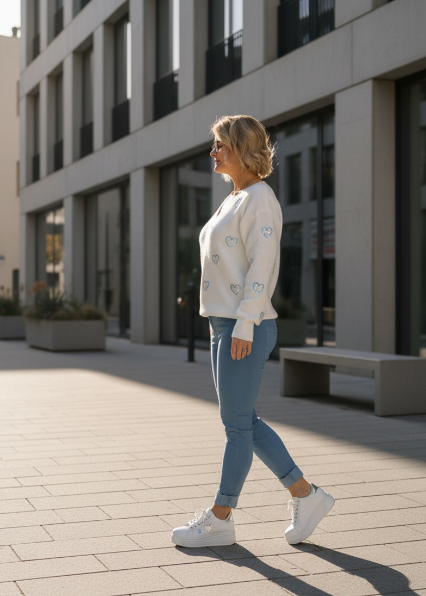 Pulli mit Stickereien in weiss/hellblau (36-42)