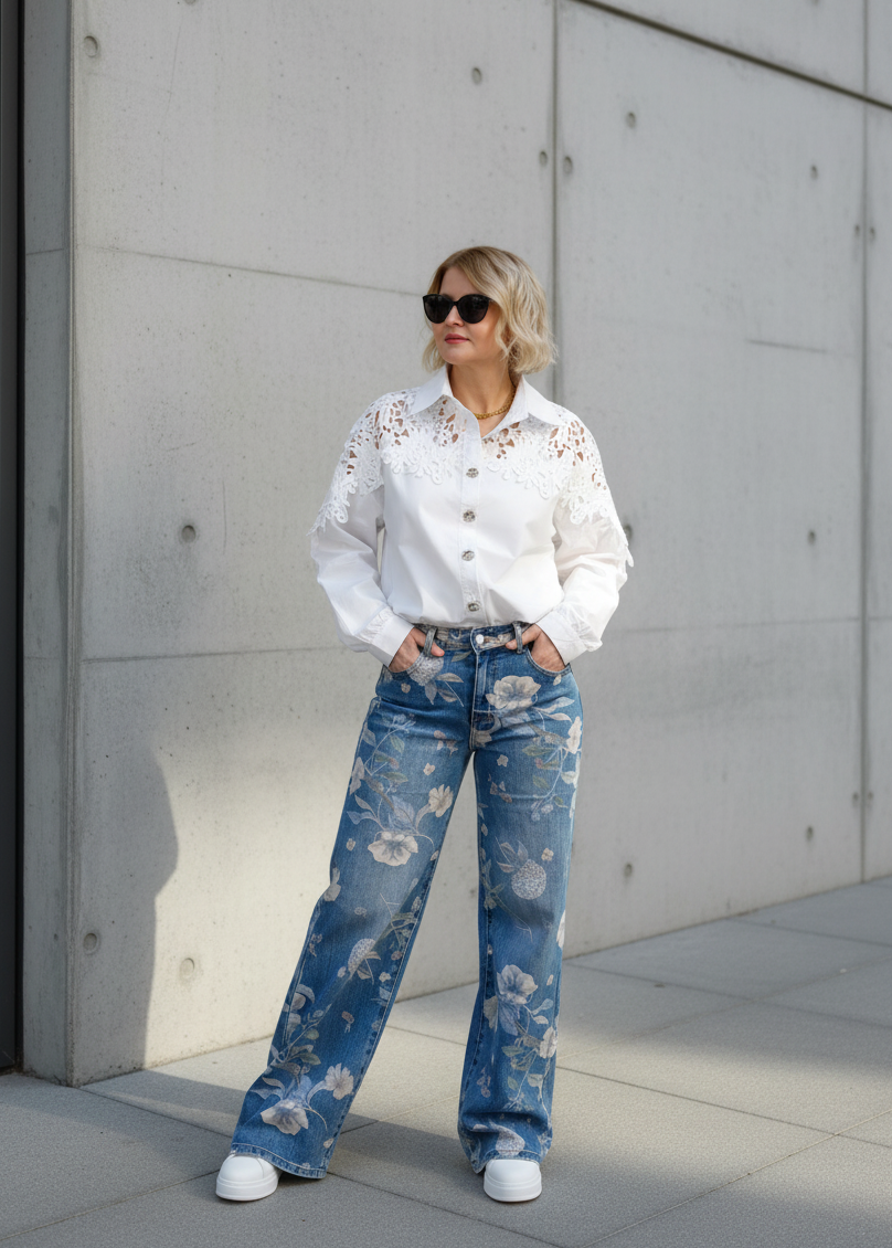 Gemusterte Jeans mit weiten Beinen (36-40)