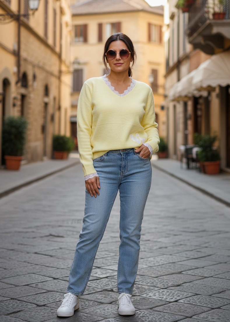 Leichter Pulli mit Spitze buttergelb (bis Größe 42)