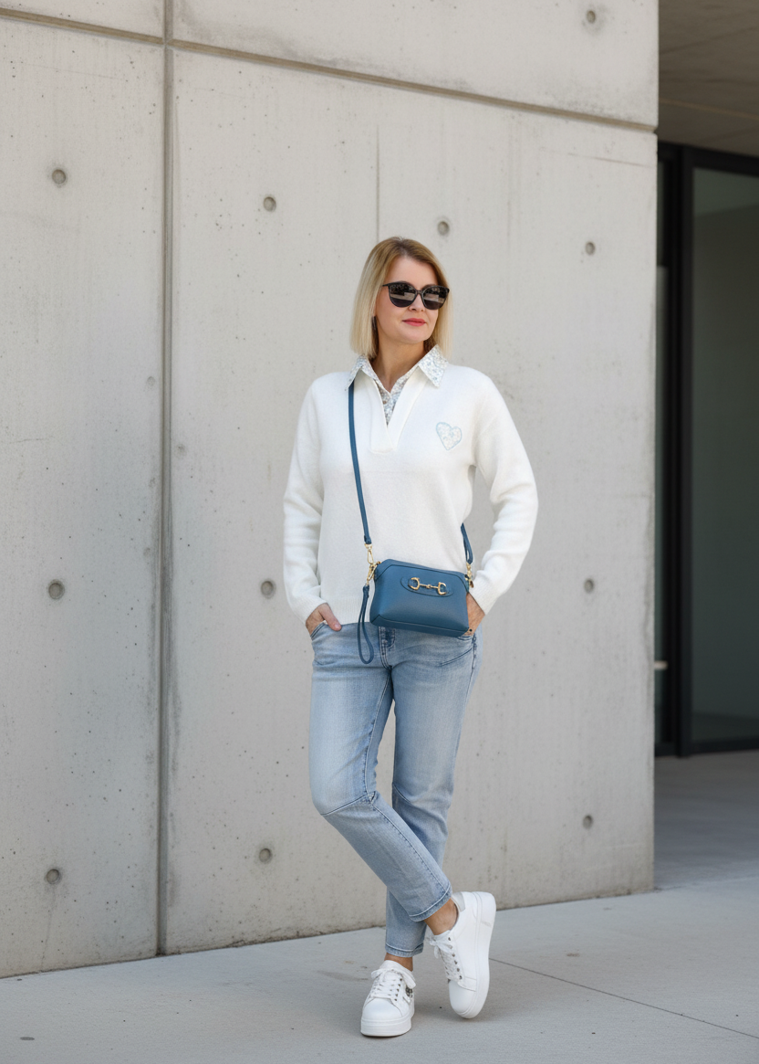 Pulllover weiss mit Blusenkragen und Stickerei in hellblau (36-42)