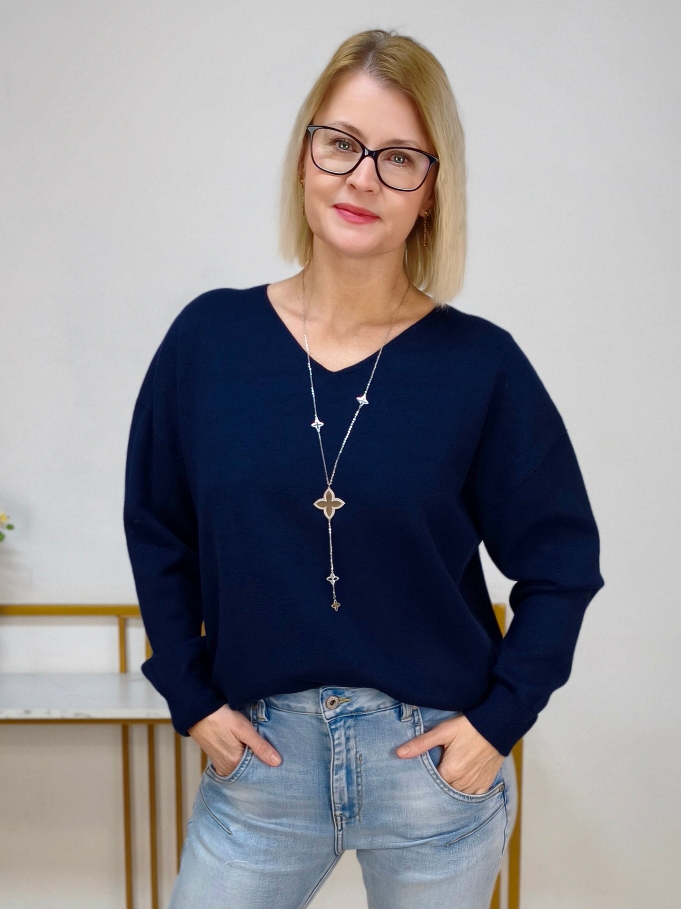 Feinstrick Pullover unifarben in dunkelblau (36-42/44)