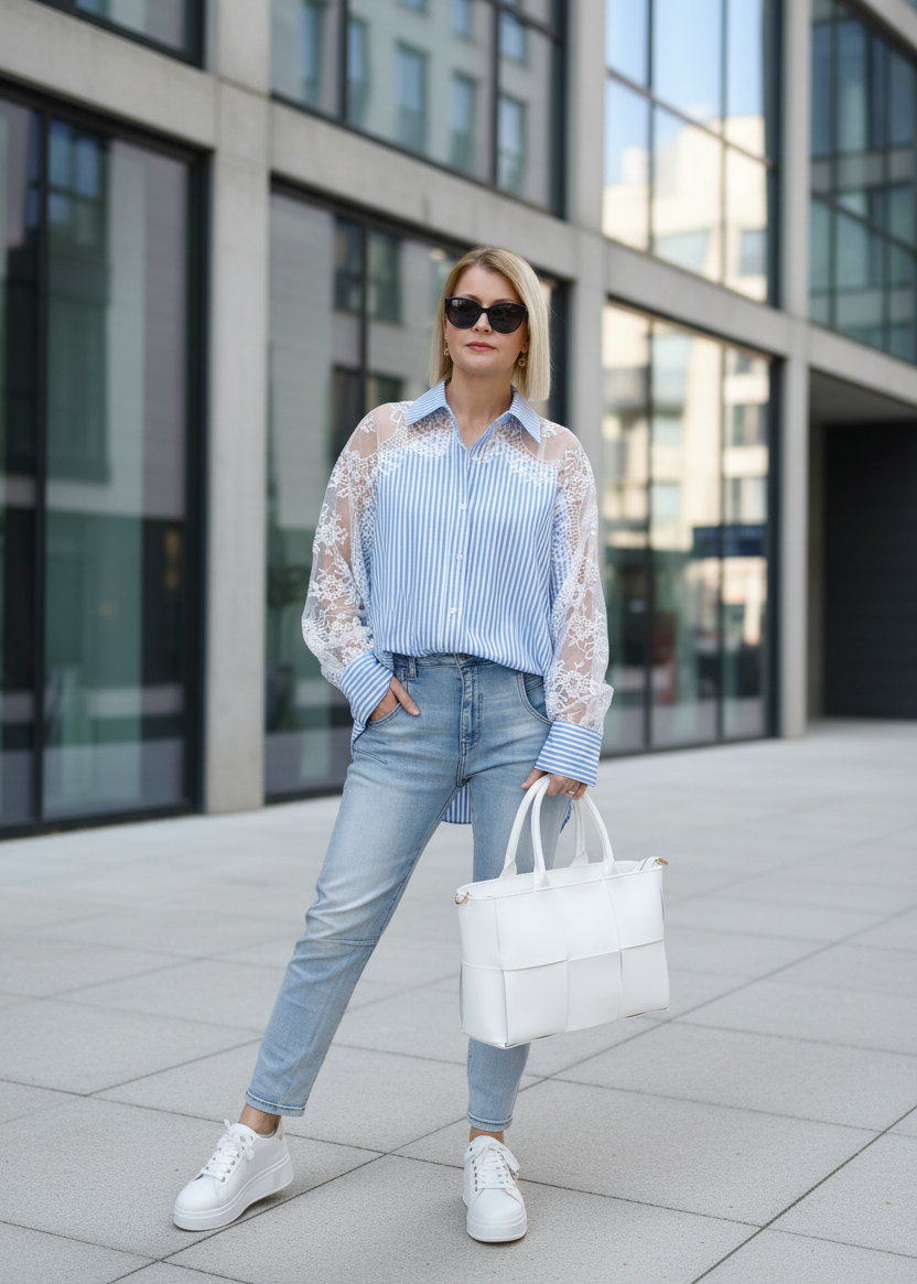 Gestreifte Bluse mit Spitze in hellblau/weiss (38-44)