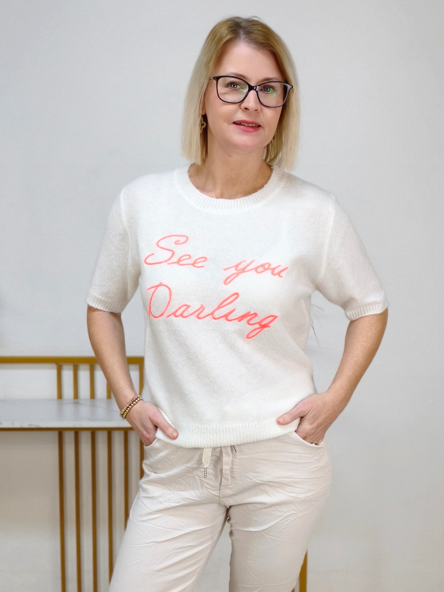 Leichter Pullover "Darling" Kurzarm in wollweis (36-42)