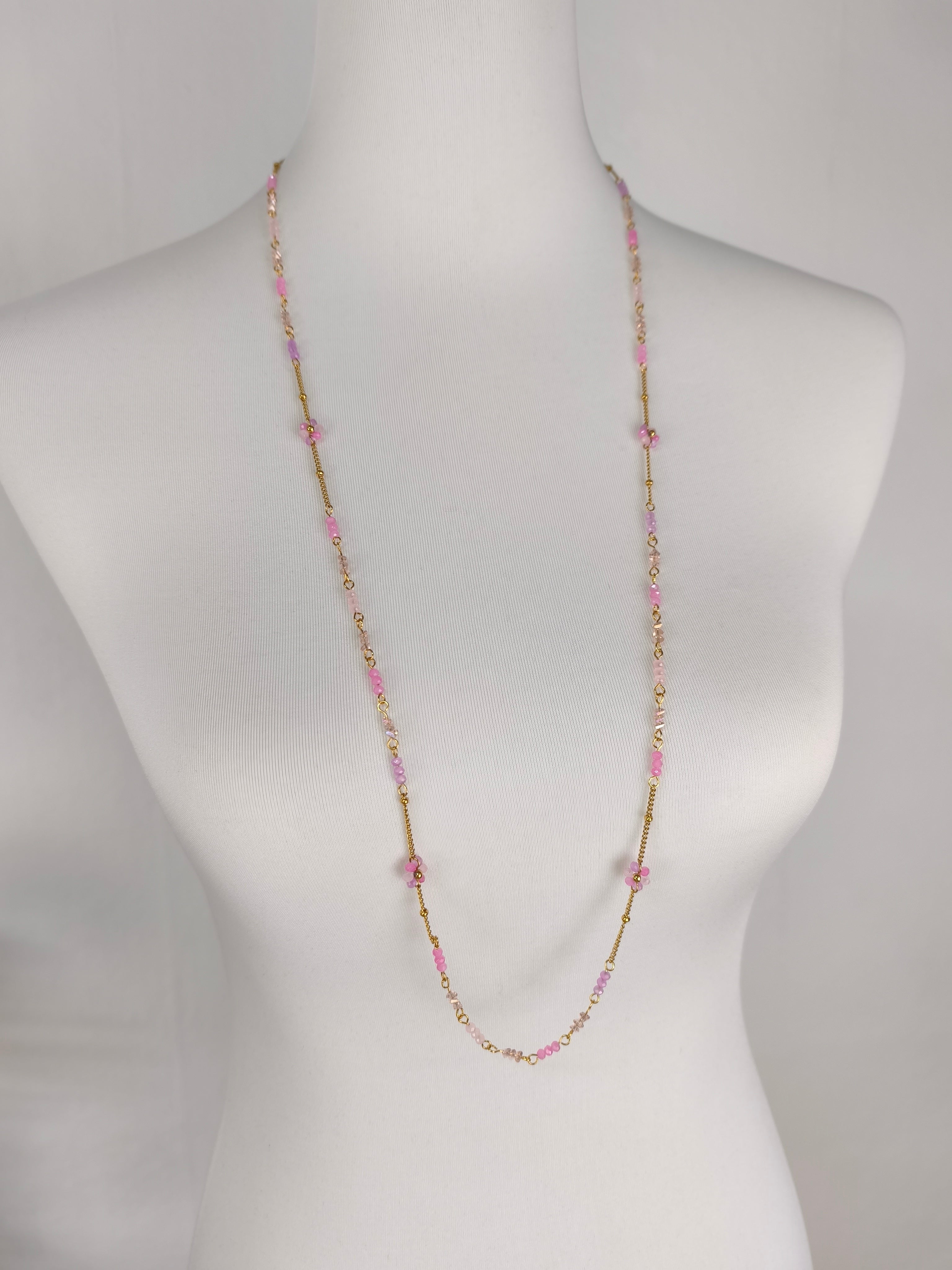 Feine lange Edelstahlkette mit kleinen Perlchen rosa/gold