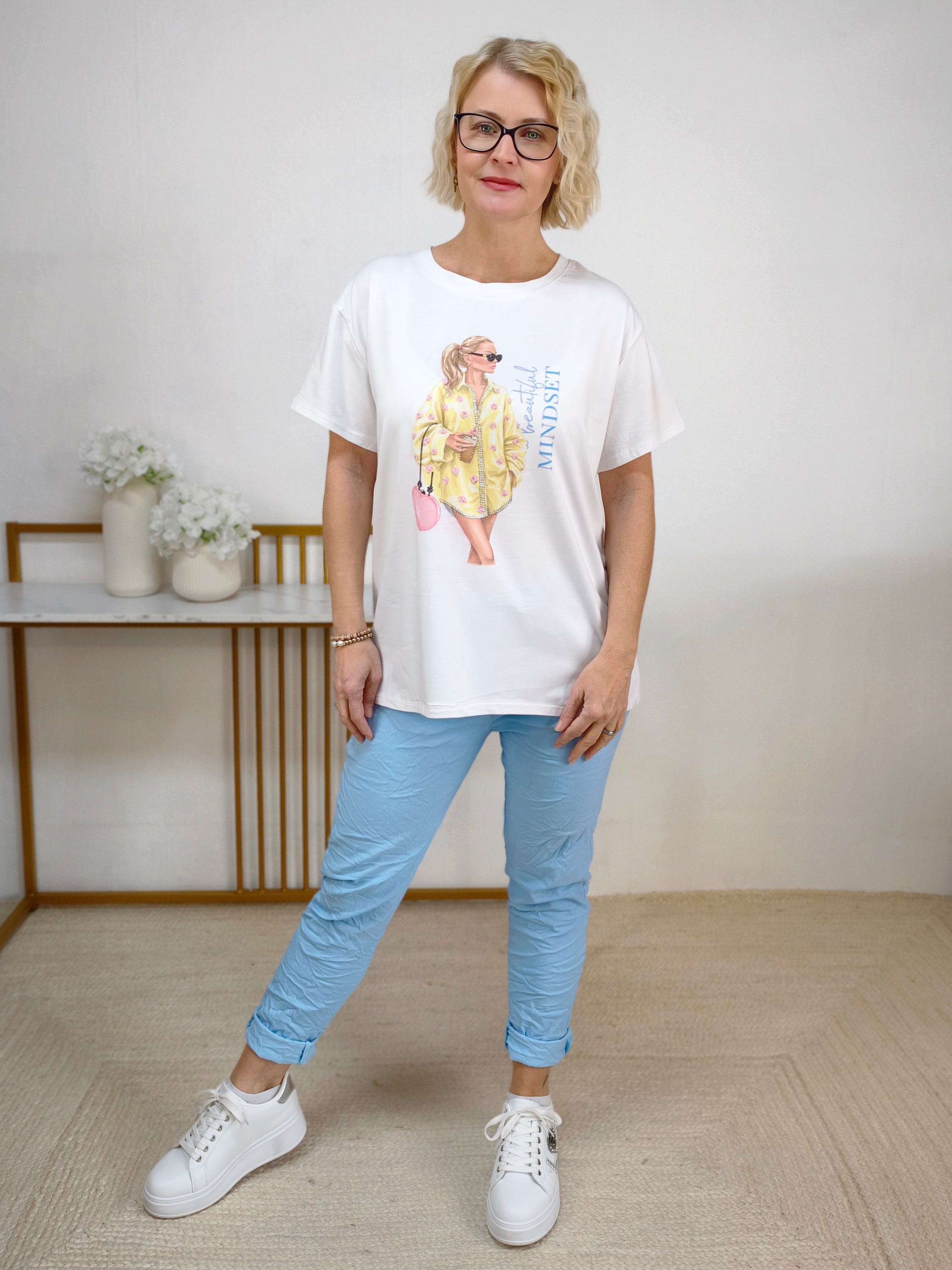 T-Shirt "Girl" weiss/blau/gelb (40-42)