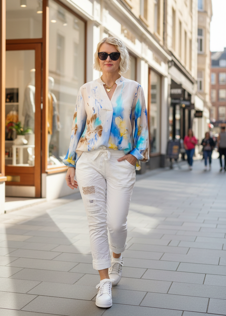 Bluse "Picasso" blau/gelb/hellbeige (36-42)