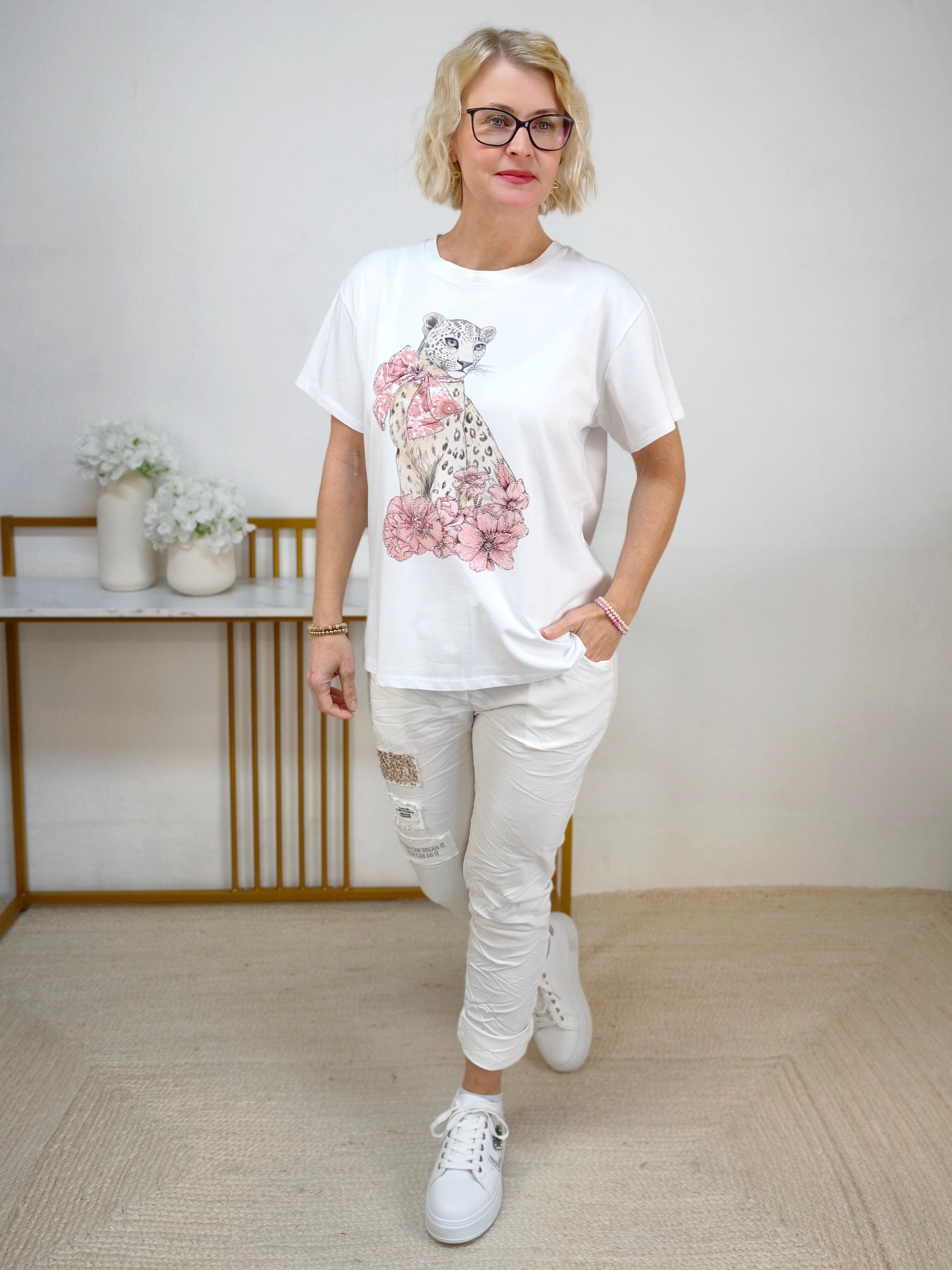 T-Shirt "Leopard" weiss/beige/rosa (36-42)