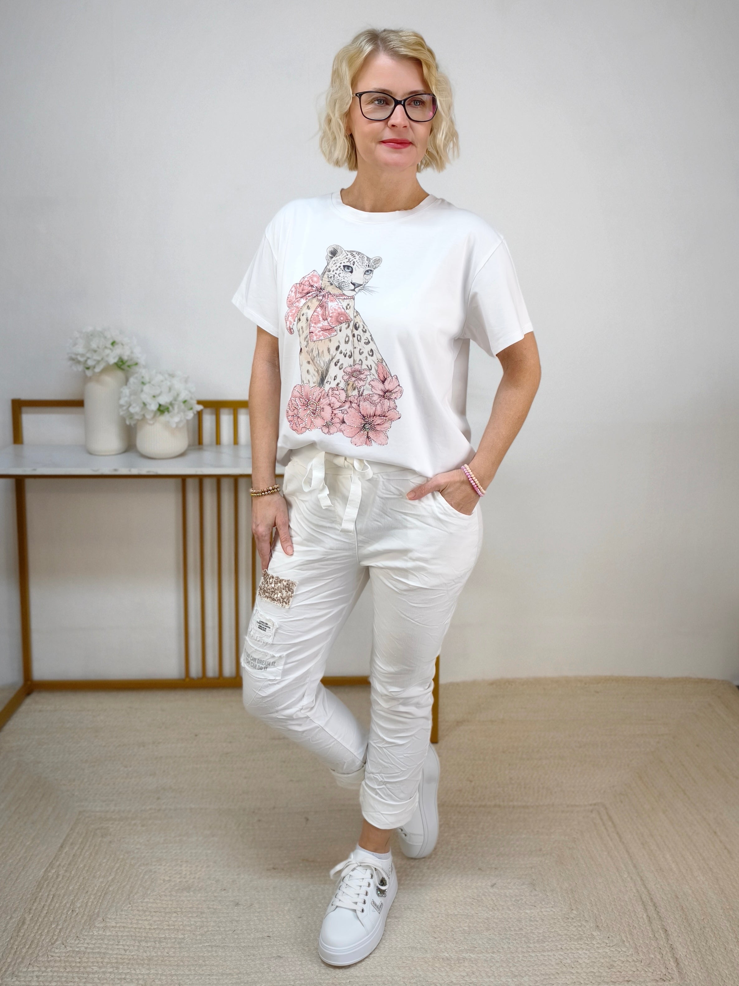 T-Shirt "Leopard" weiss/beige/rosa (36-42)