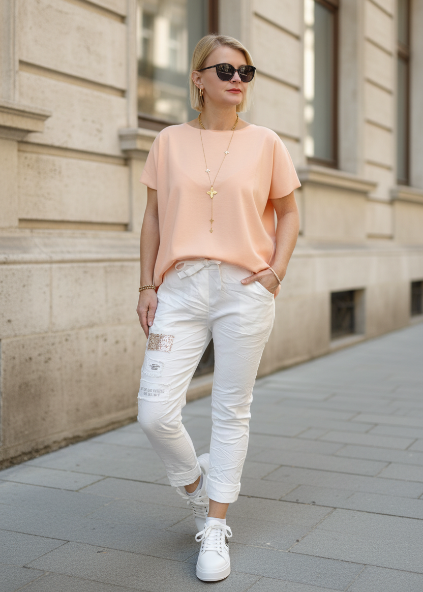 Einfarbiges, leichtes Shirt in Apricot aus Baumwolle (40-42/44)