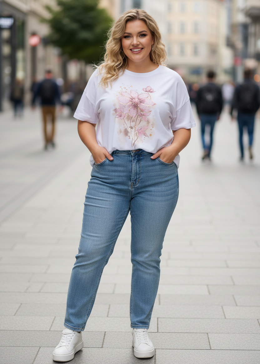 T-Shirt "Flora" weiss/rosa/beige/gold Oversize (44-48)