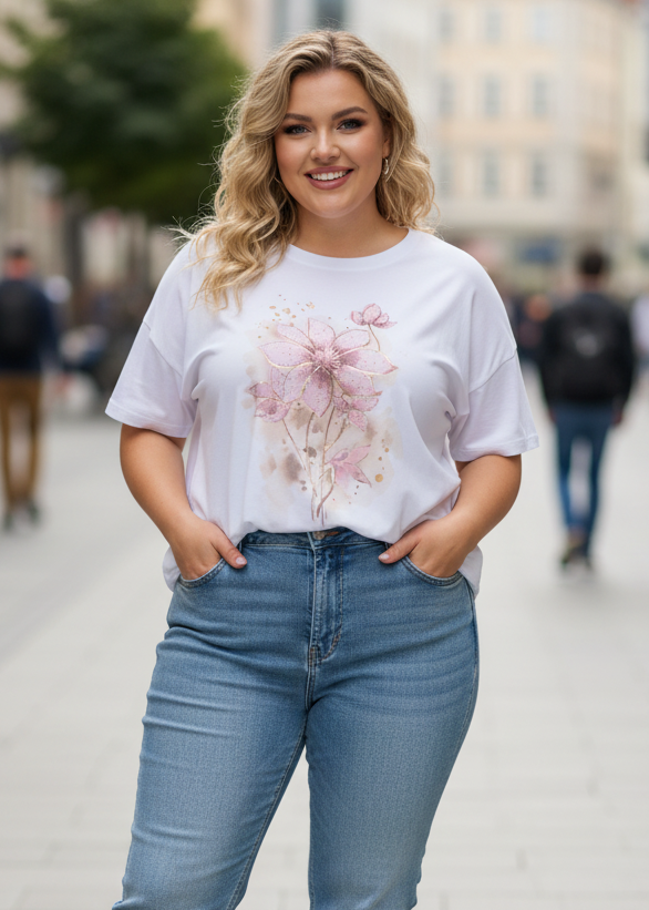 T-Shirt "Flora" weiss/rosa/beige/gold Oversize (44-48)