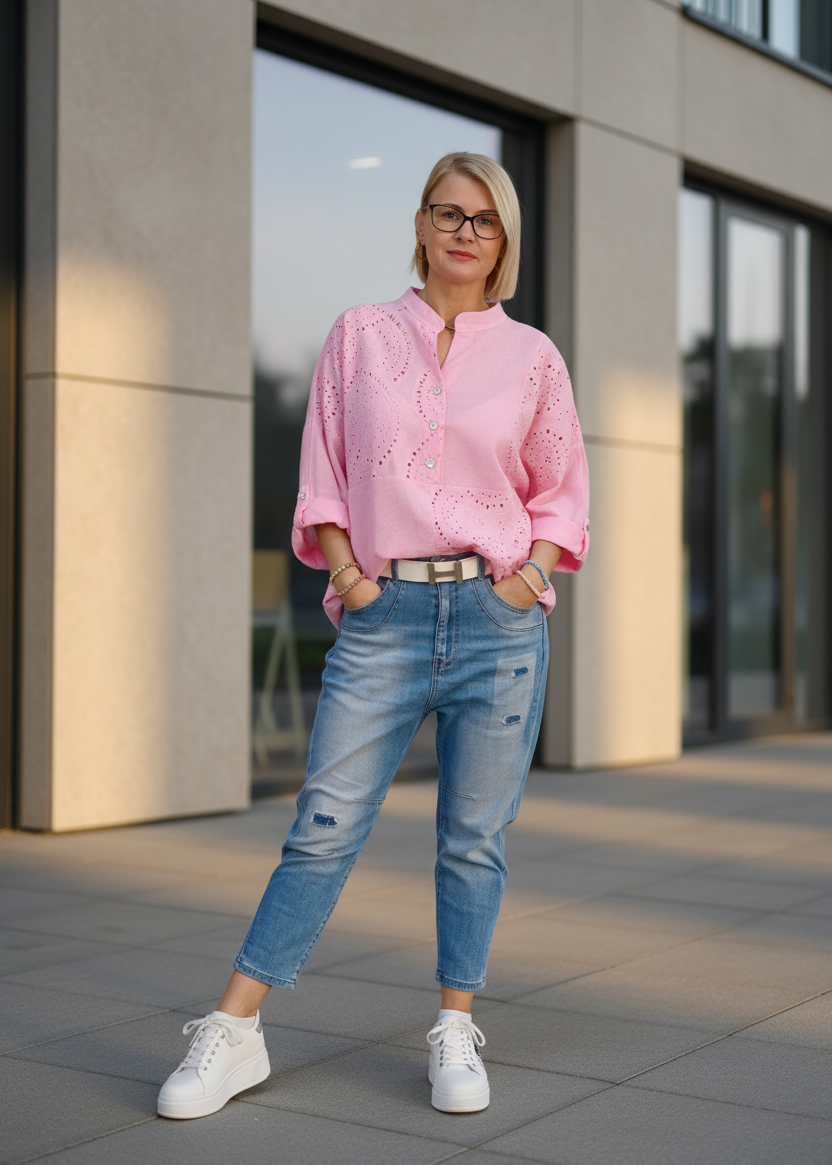 Leichte Sommerbluse in rosa mit Lochstickerei (38-42)