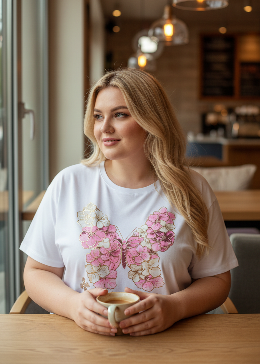 T-Shirt "Schmetterling" weiss/rosa/beige/gold Oversize (44-48)