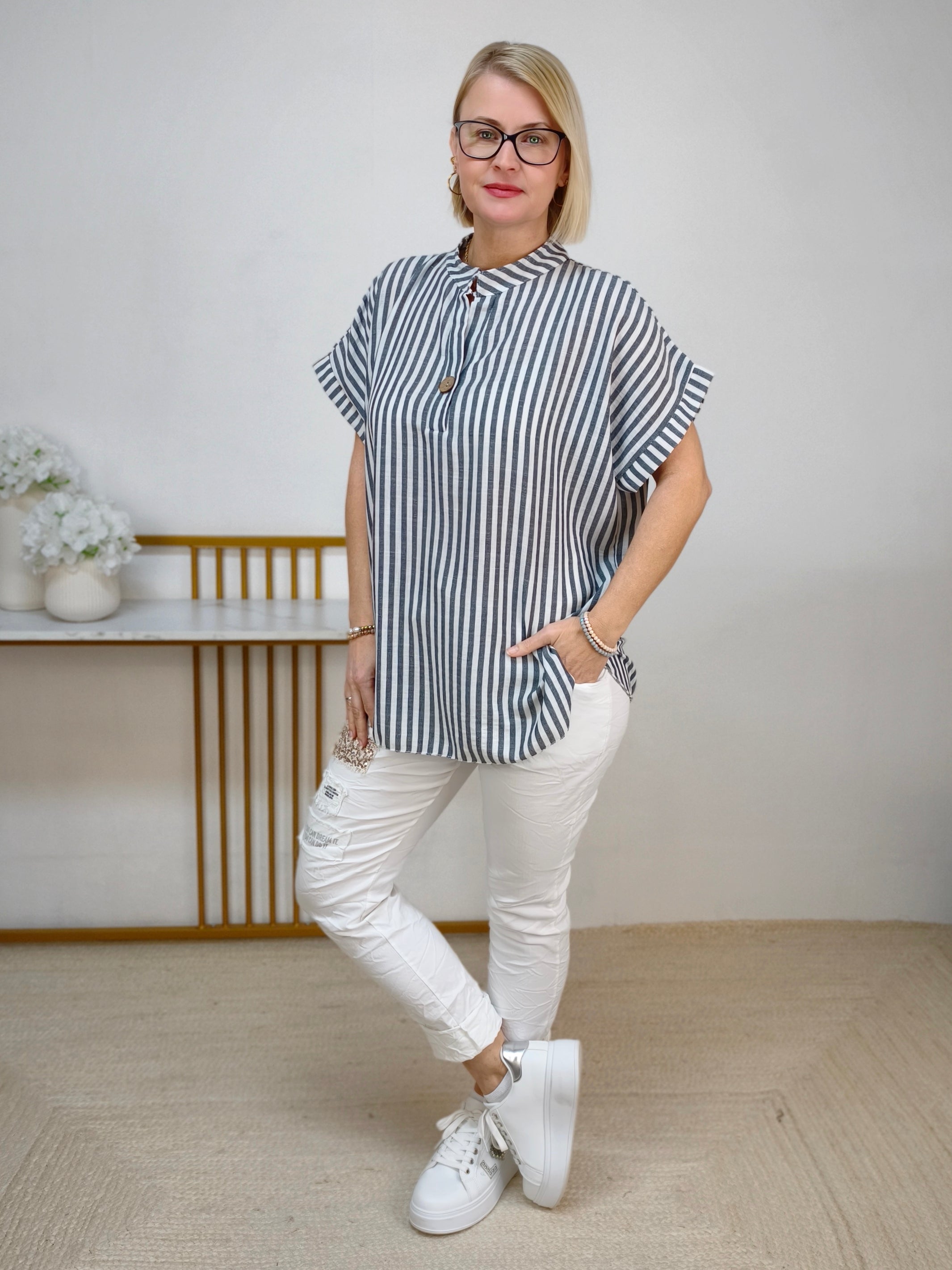 Gestreifte Bluse weiss/grau (40-42/44)