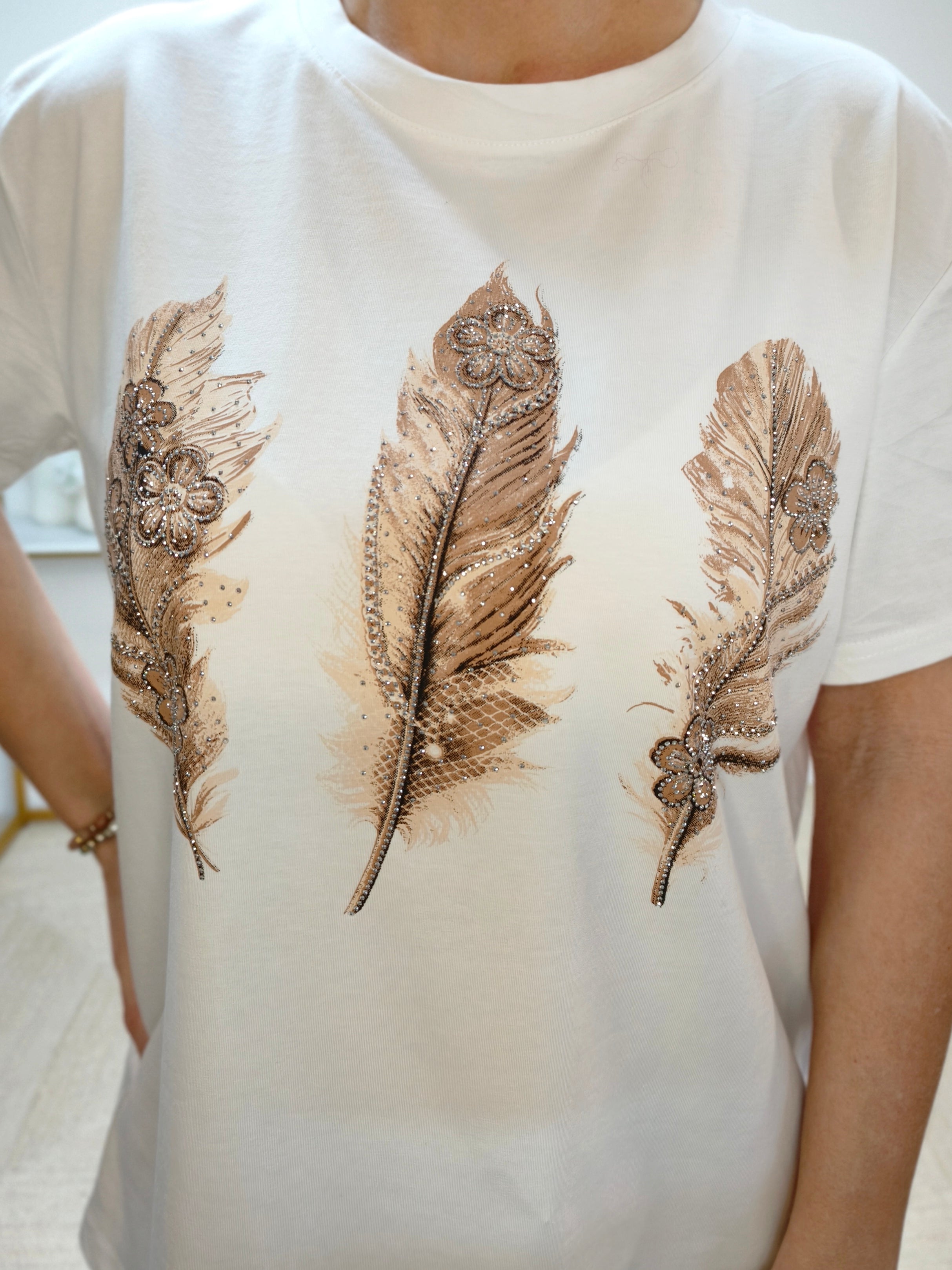T-Shirt "Feder" weiss/beige (36-42)