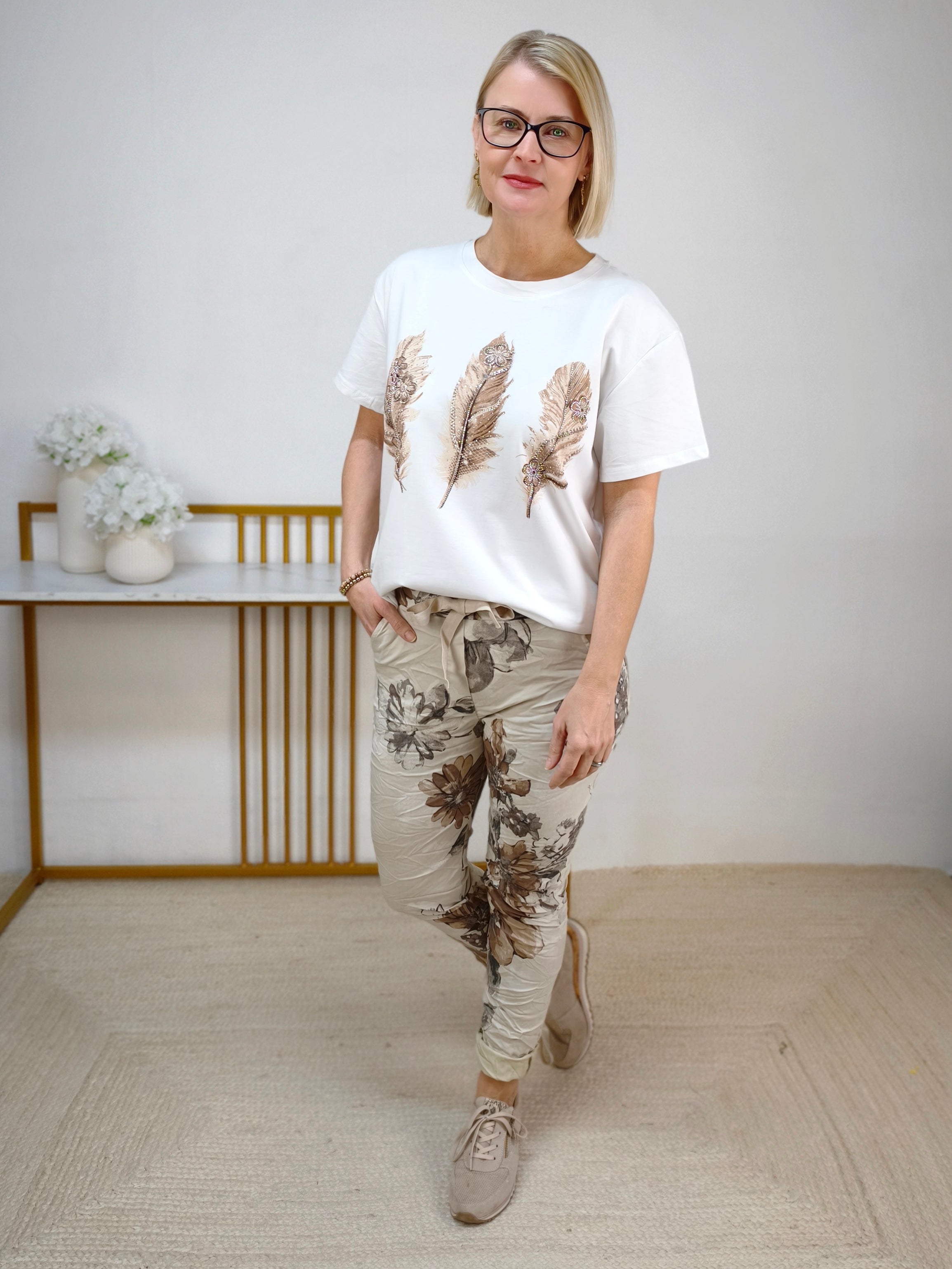 T-Shirt "Feder" weiss/beige (36-42)