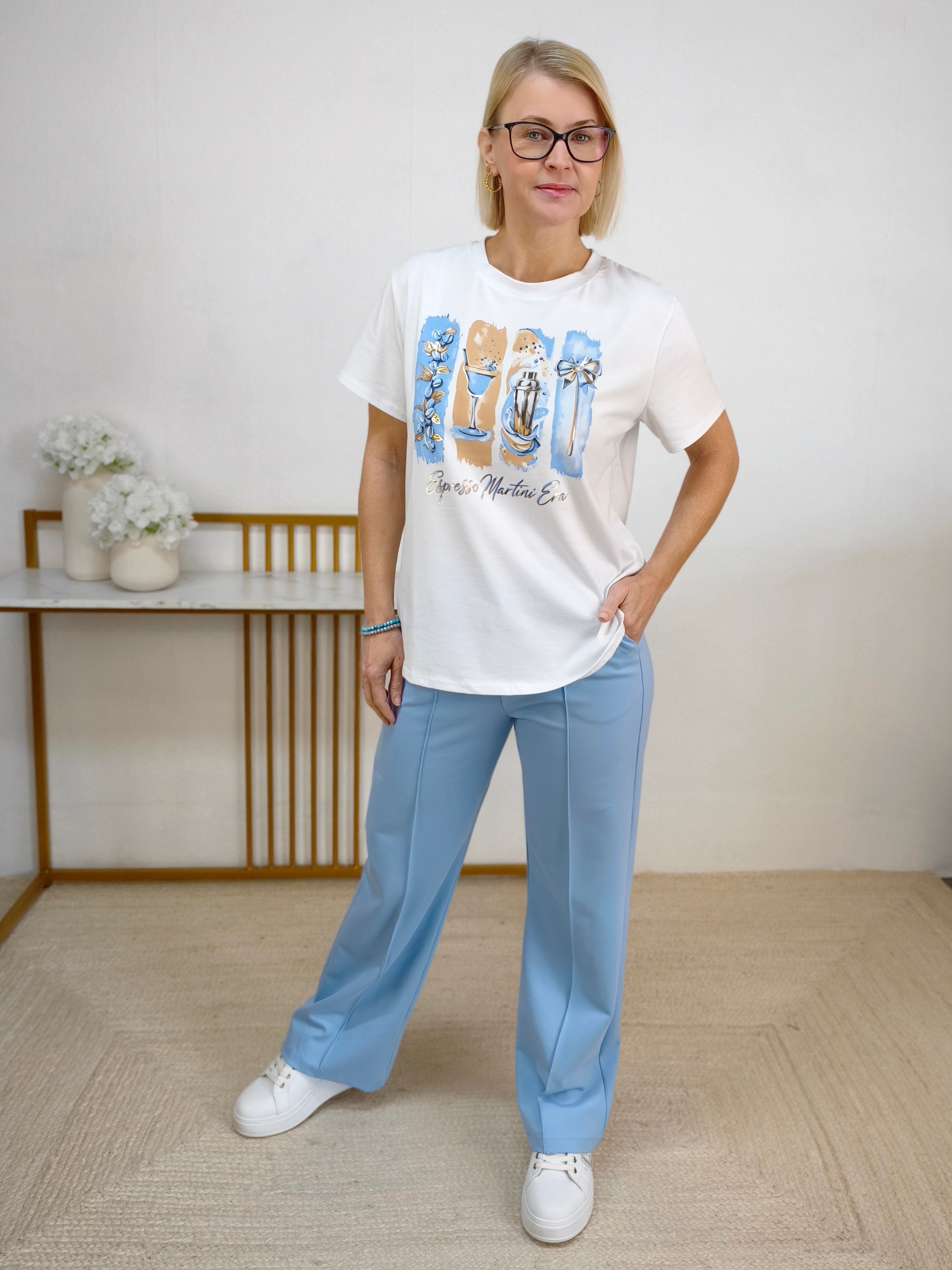 T-Shirt "Espresso...." weiss/blau (36-42)