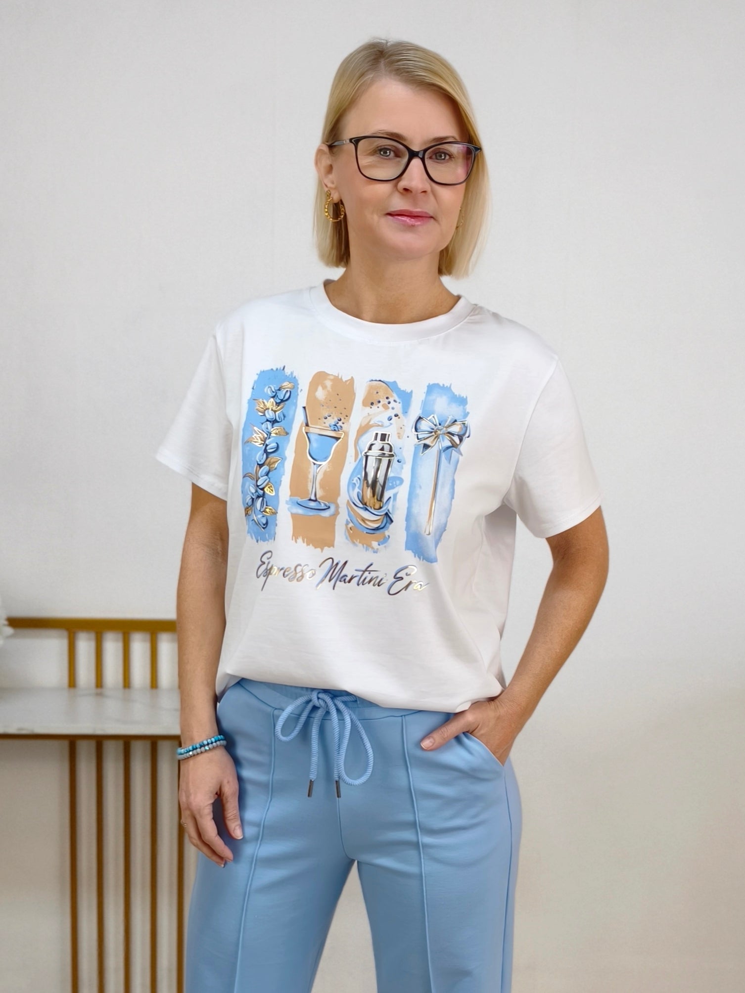 T-Shirt "Espresso...." weiss/blau (36-42)