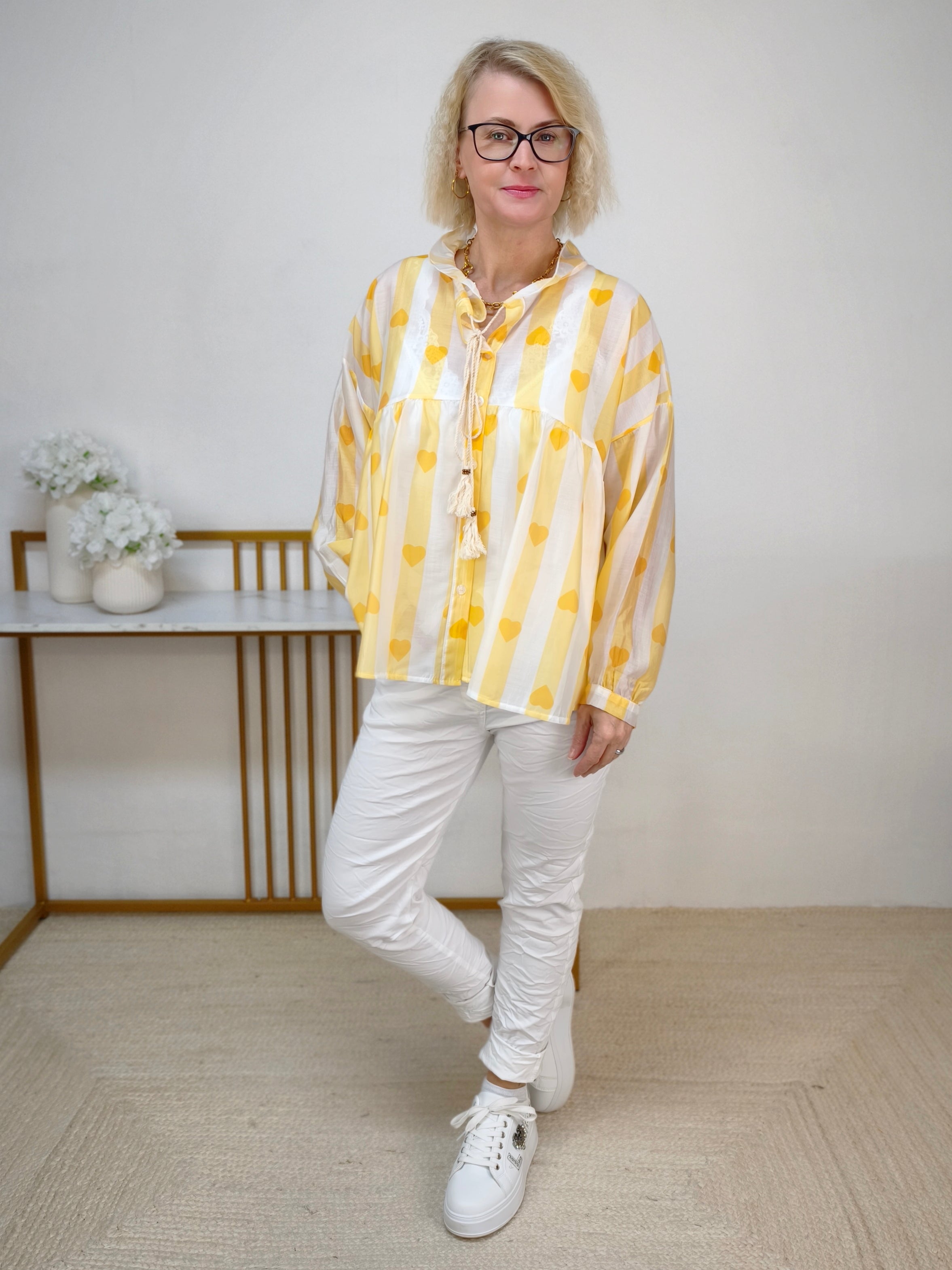 Baby Doll Bluse transparent wollweiss/gelb (38-42)