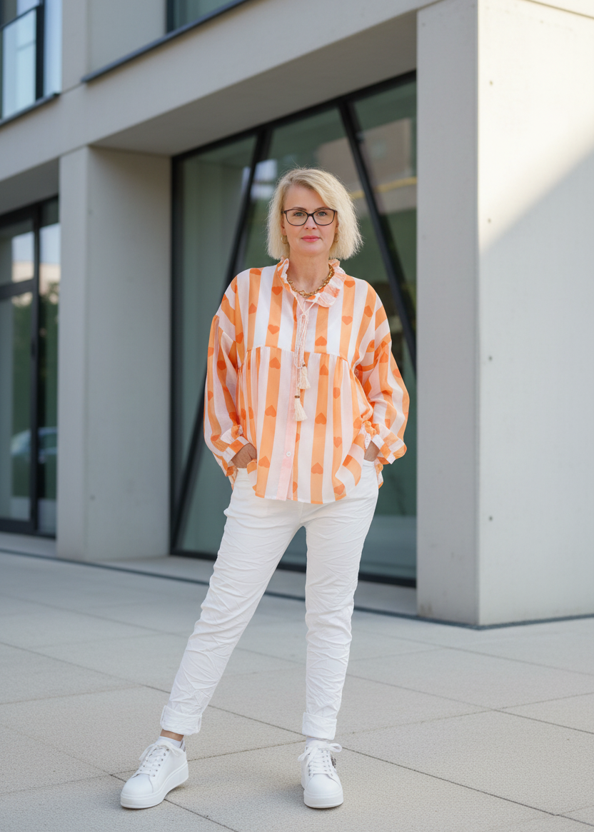 Baby Doll Bluse transparent wollweiss/orange (38-42)