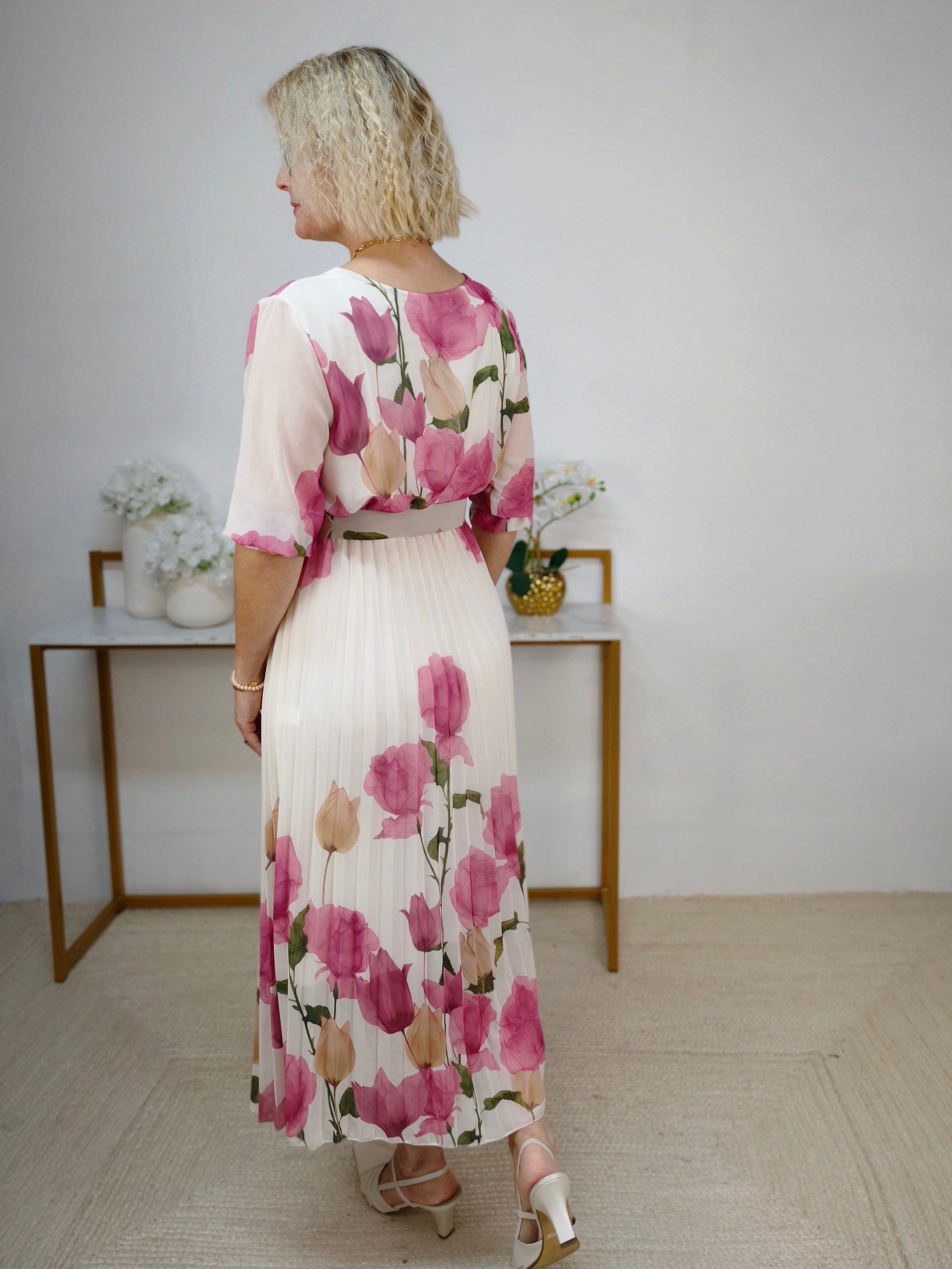 Plisseekleid mit Blumendruck wollweiss/altrosa 38-40