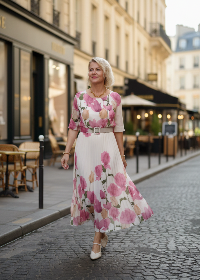 Plisseekleid mit Blumendruck wollweiss/altrosa 38-40