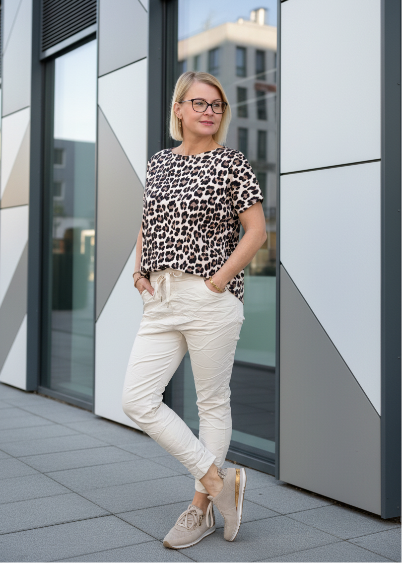 Leichtes Shirt in beige Leo aus Baumwolle (38-42/44)