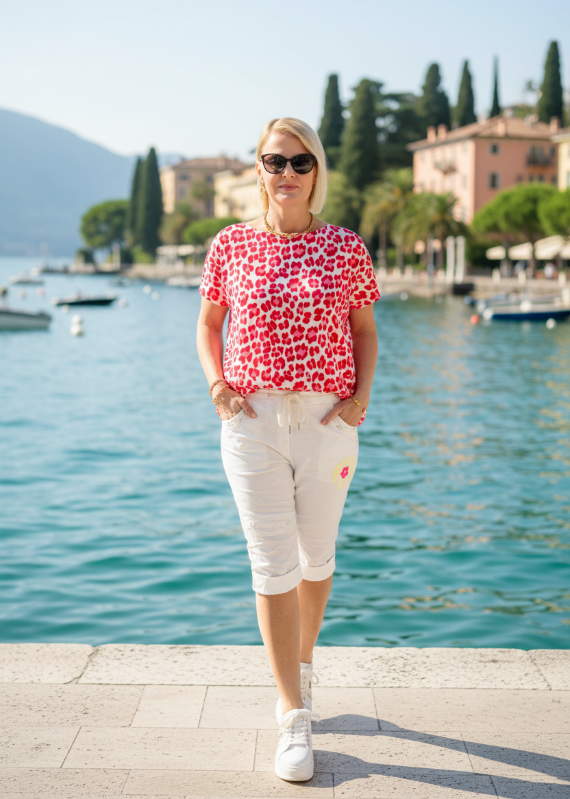 Leichtes Shirt in weiss/rot mit Leo aus Baumwolle (38-42/44)