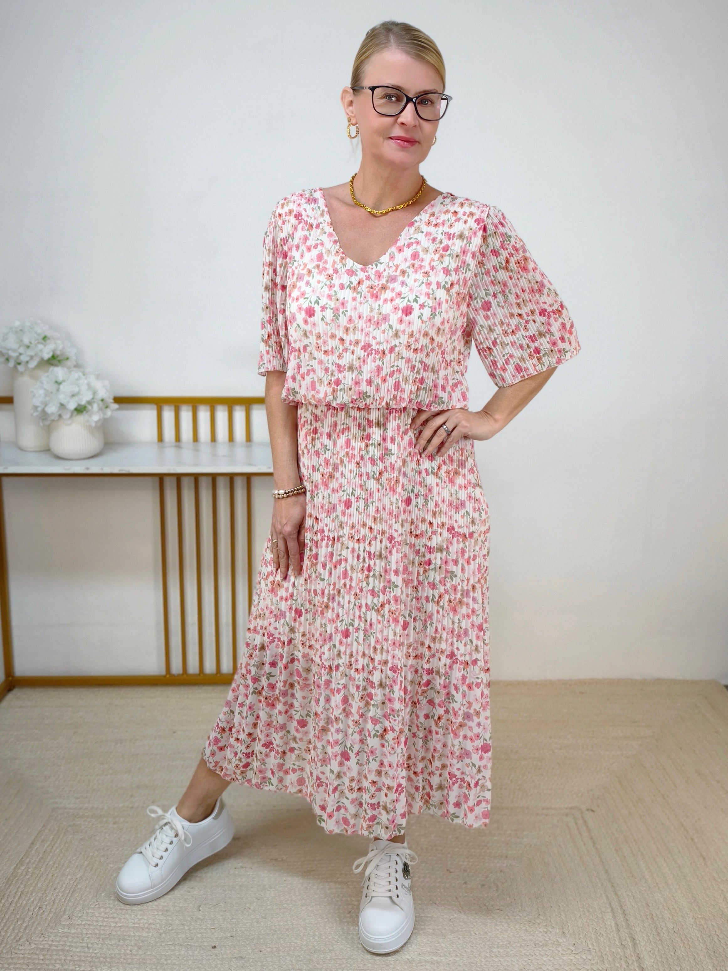 Midi Kleid "Madeleine" weiss/rosa (38-42)