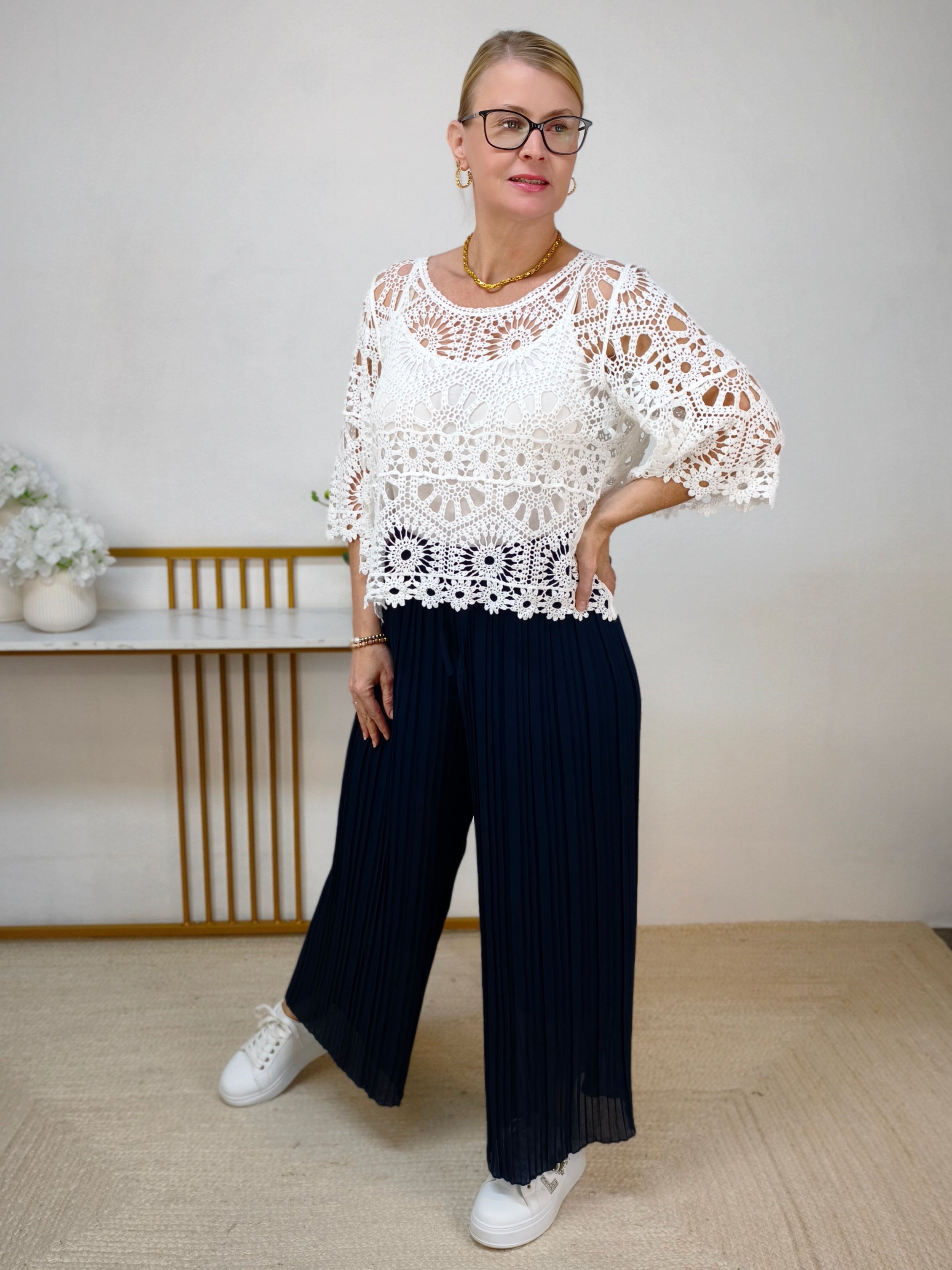 Plissee Hose mit weitem Bein Dunkelblau (36-44)