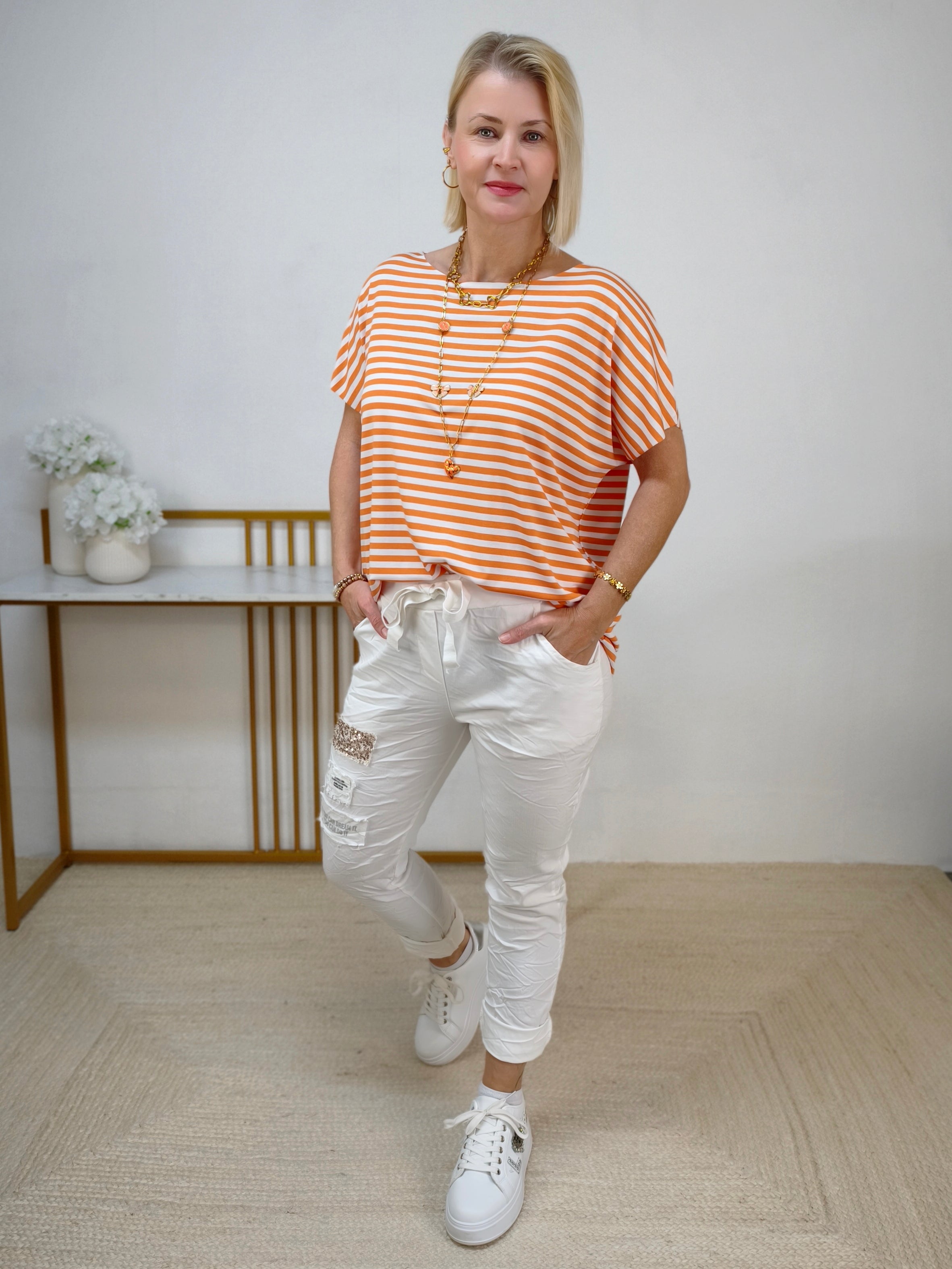 Leichtes Shirt gestreift in weiss/orange (38-42/44)