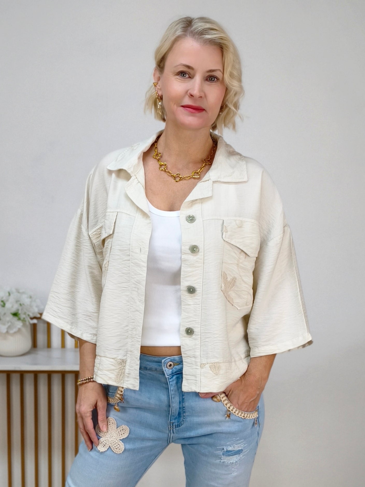 Kurze Blusen - Jacke "Alex" beige (36-42/44)