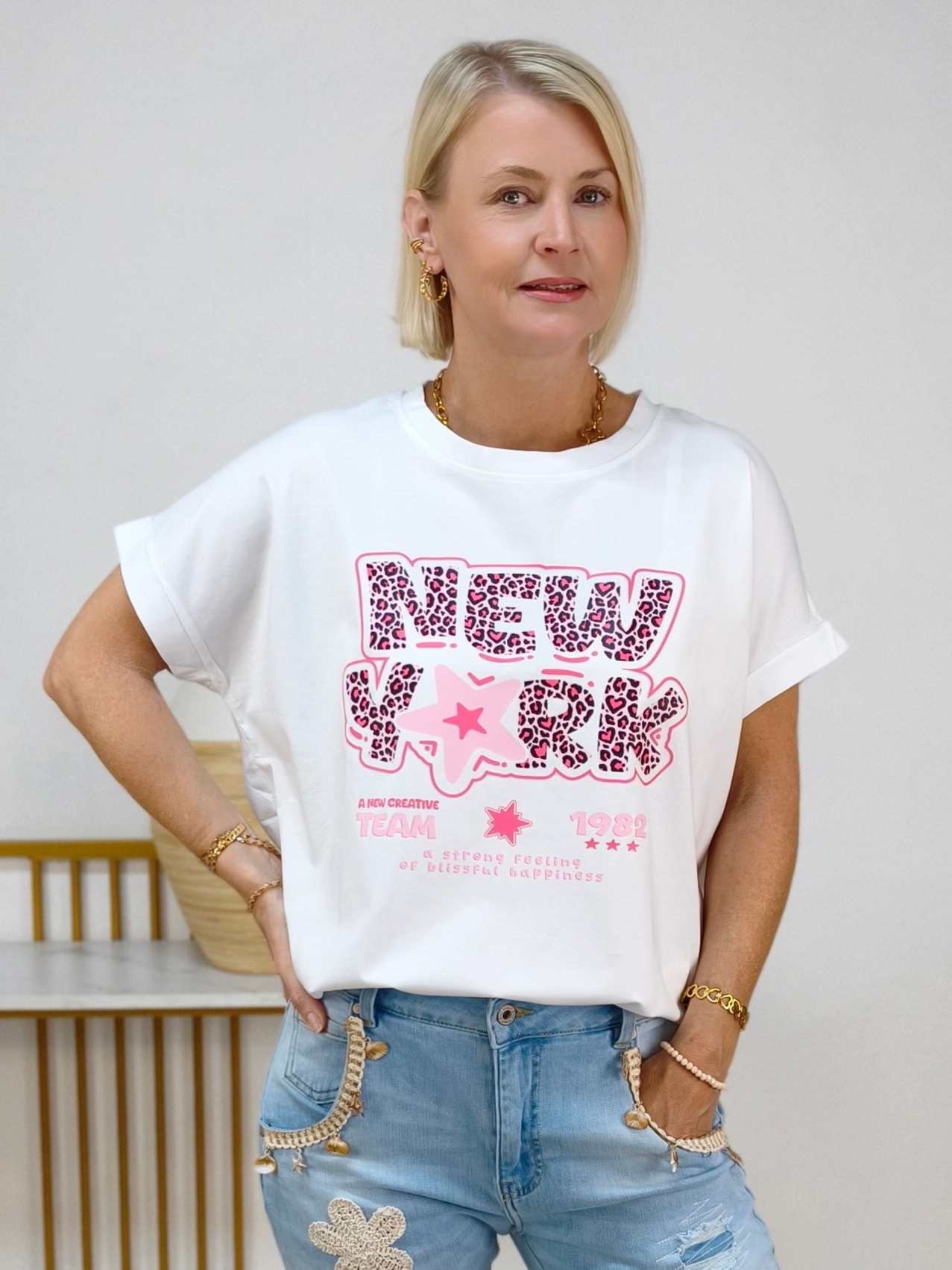 T-Shirt "NY" in weiss mit Leo in Pink (40-44)