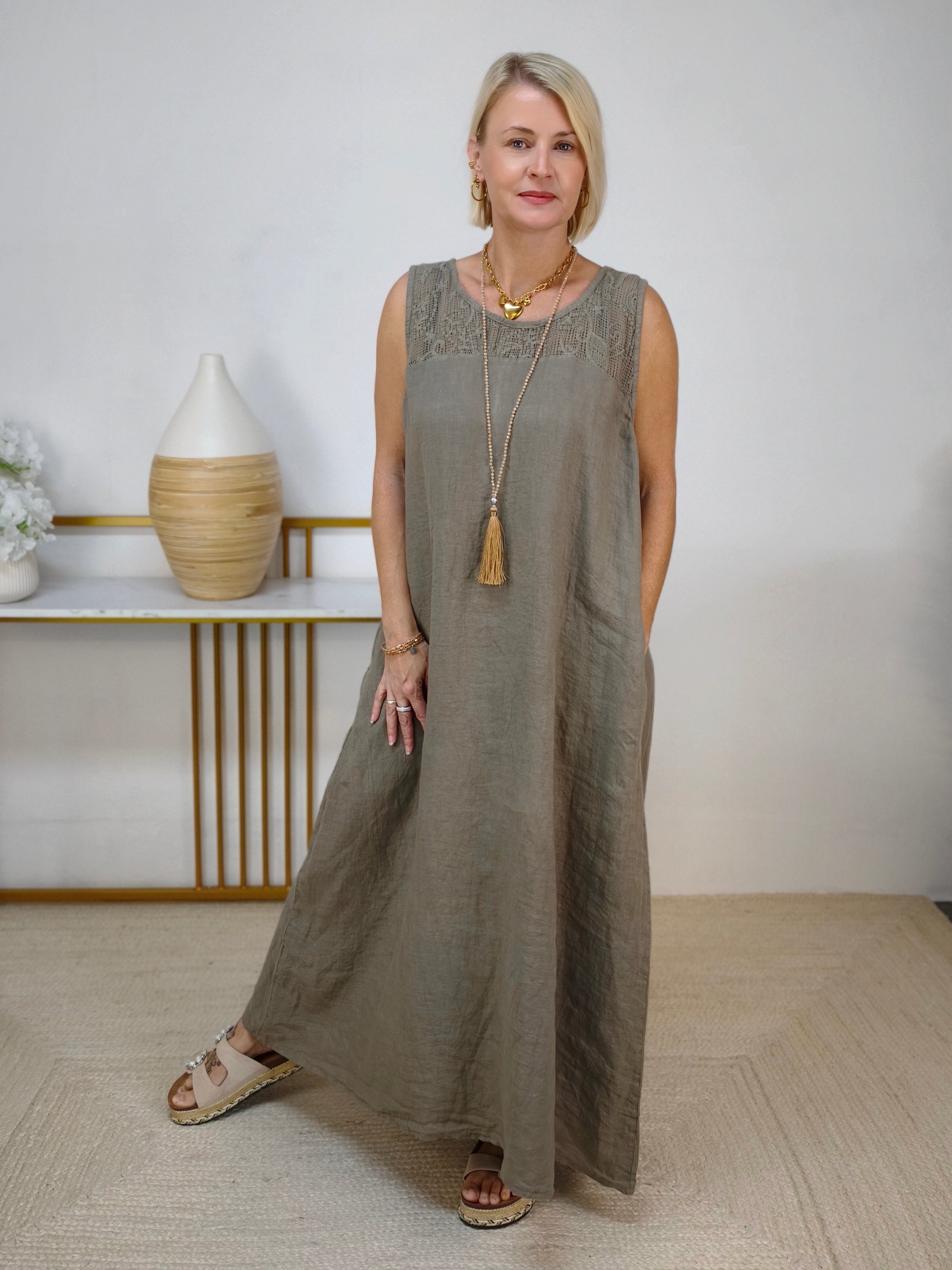 langes Leinenkleid "Hanna" taupe (42-44/46)