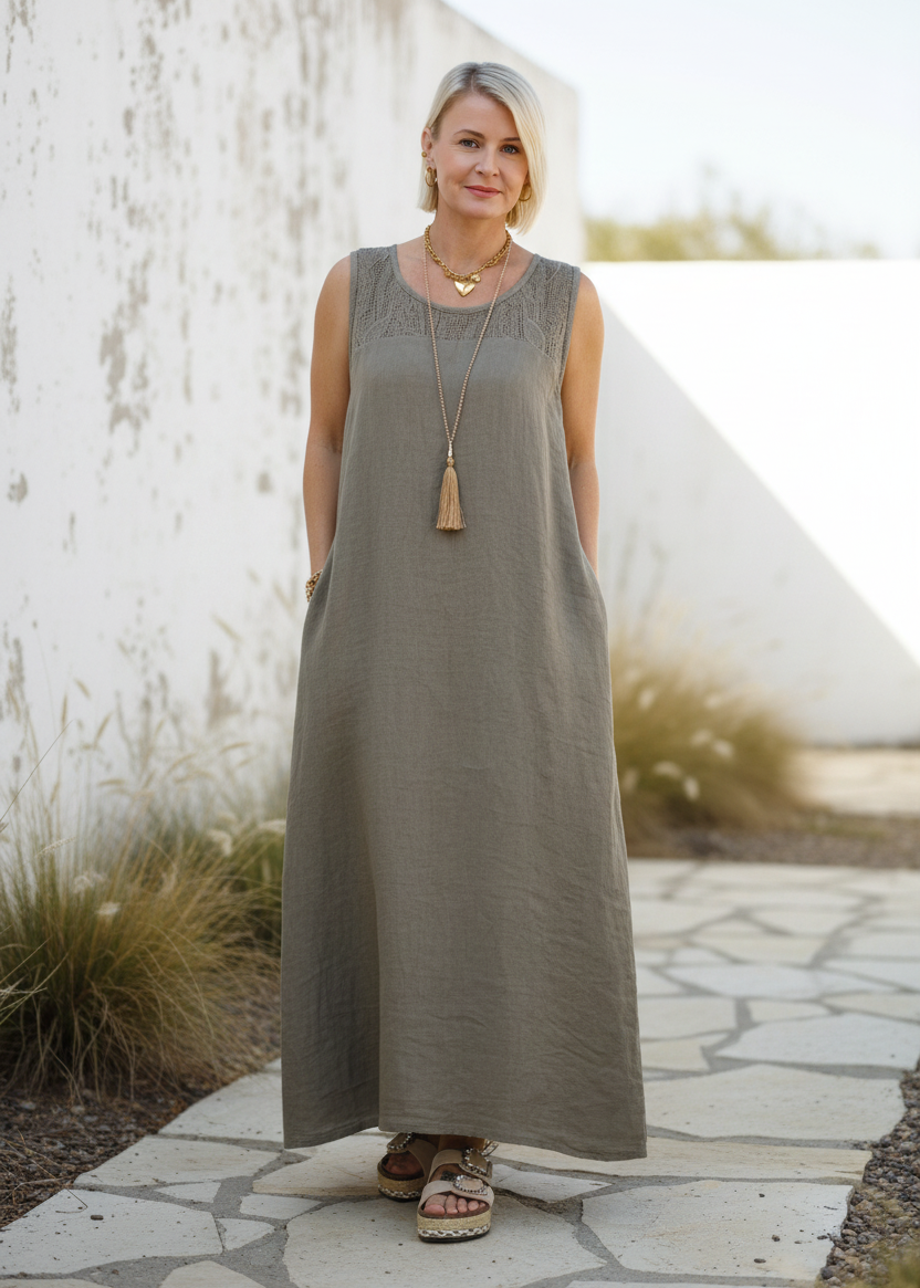 langes Leinenkleid "Hanna" taupe (42-44/46)