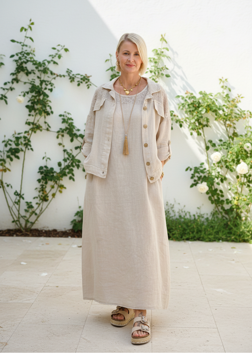langes Leinenkleid "Hanna" beige (42-44/46)