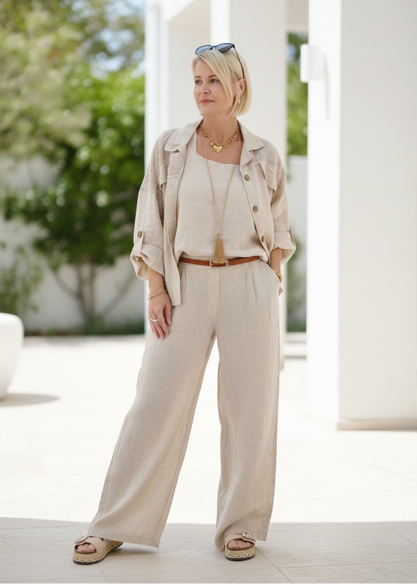 Zweiteiler Set "Como" beige - Marlenehose & Top (2 Größen)